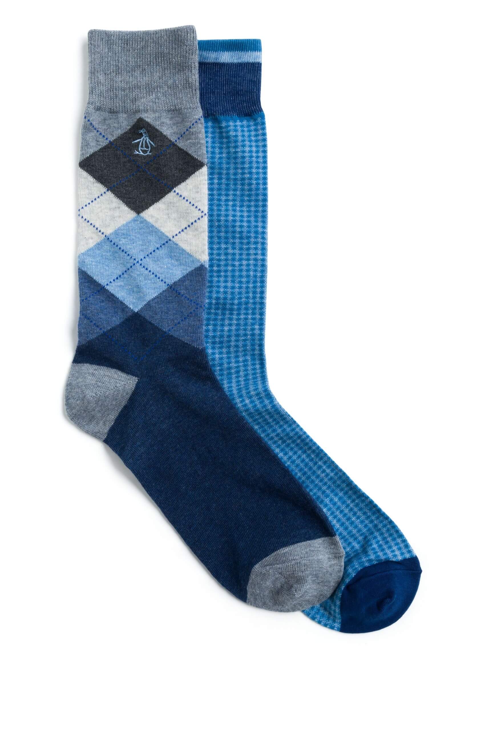 Stitch Fix Men’s blue socks with argyle and checkered pattern.