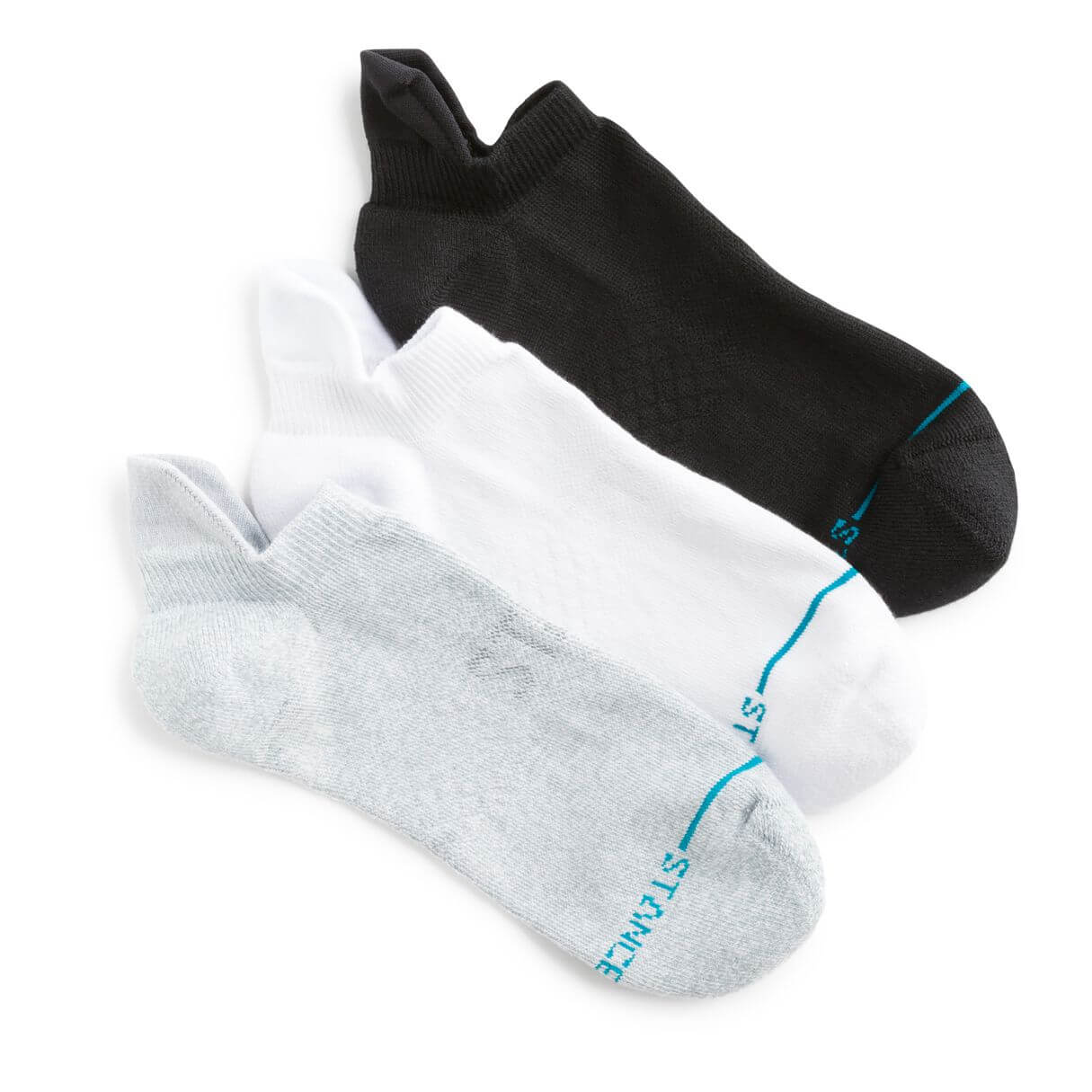 Stitch Fix Men's no-show socks in grey, white and black.