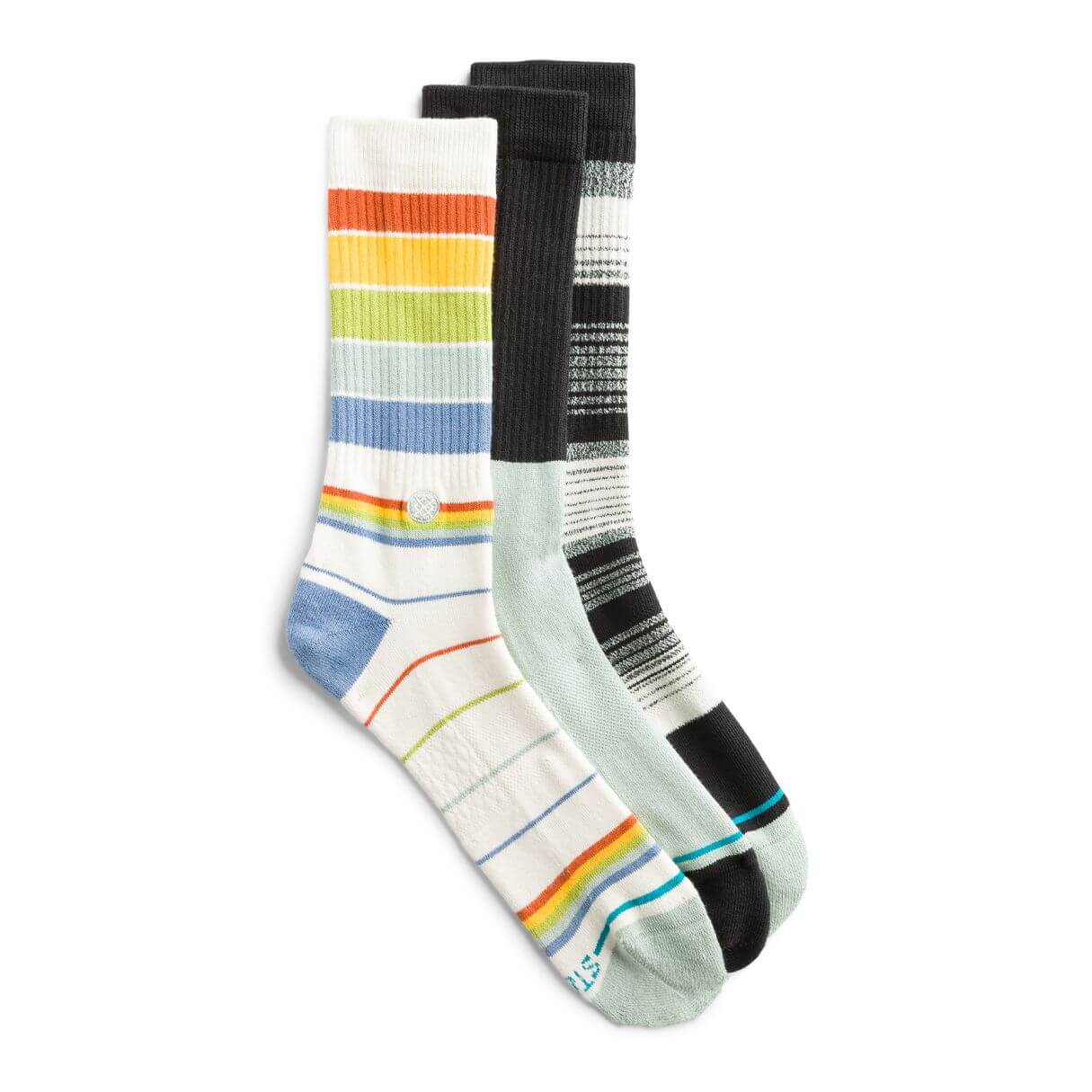 Stitch Fix Men's crew sock pack in rainbow stripes, black and mint, black and white stripes.