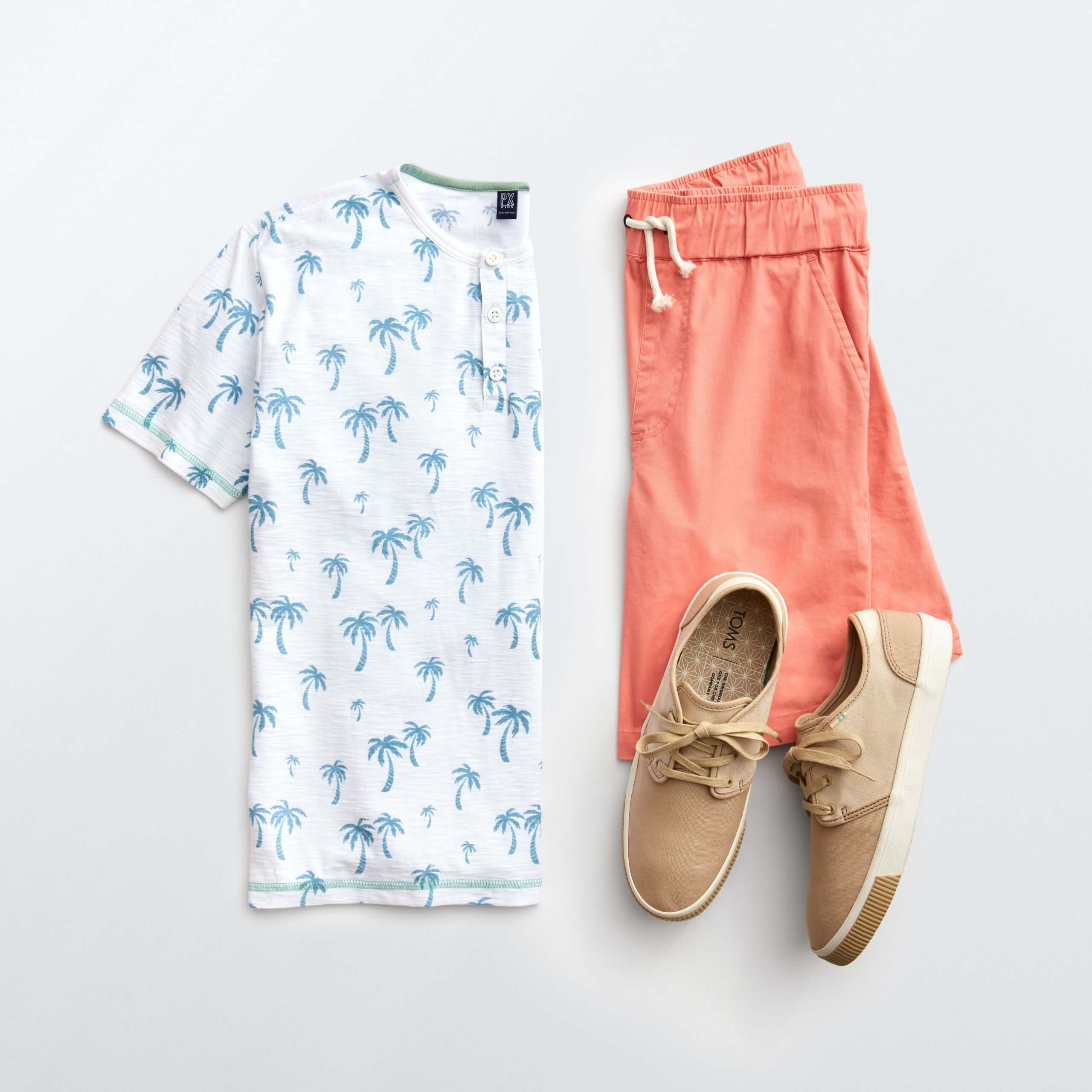 Stitch Fix Men's outfit laydown featuring salmon shorts with white short sleeve henley with blue palm tree print and brown canvas sneakers.