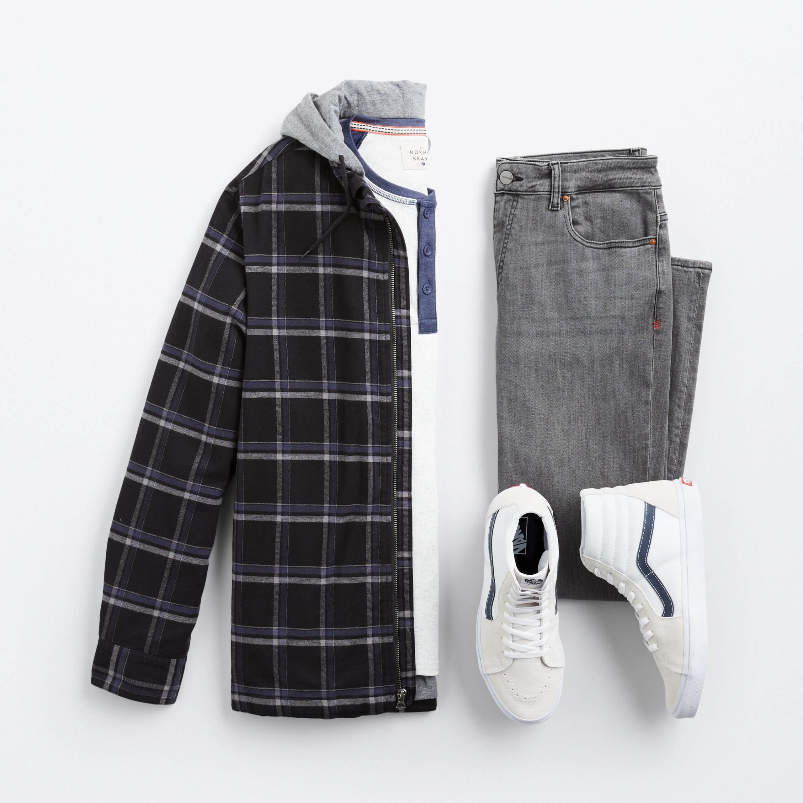 Stitch Fix men's outfit laydown featuring grey jeans, white high-top sneakers, white henley and black hooded flannel. 