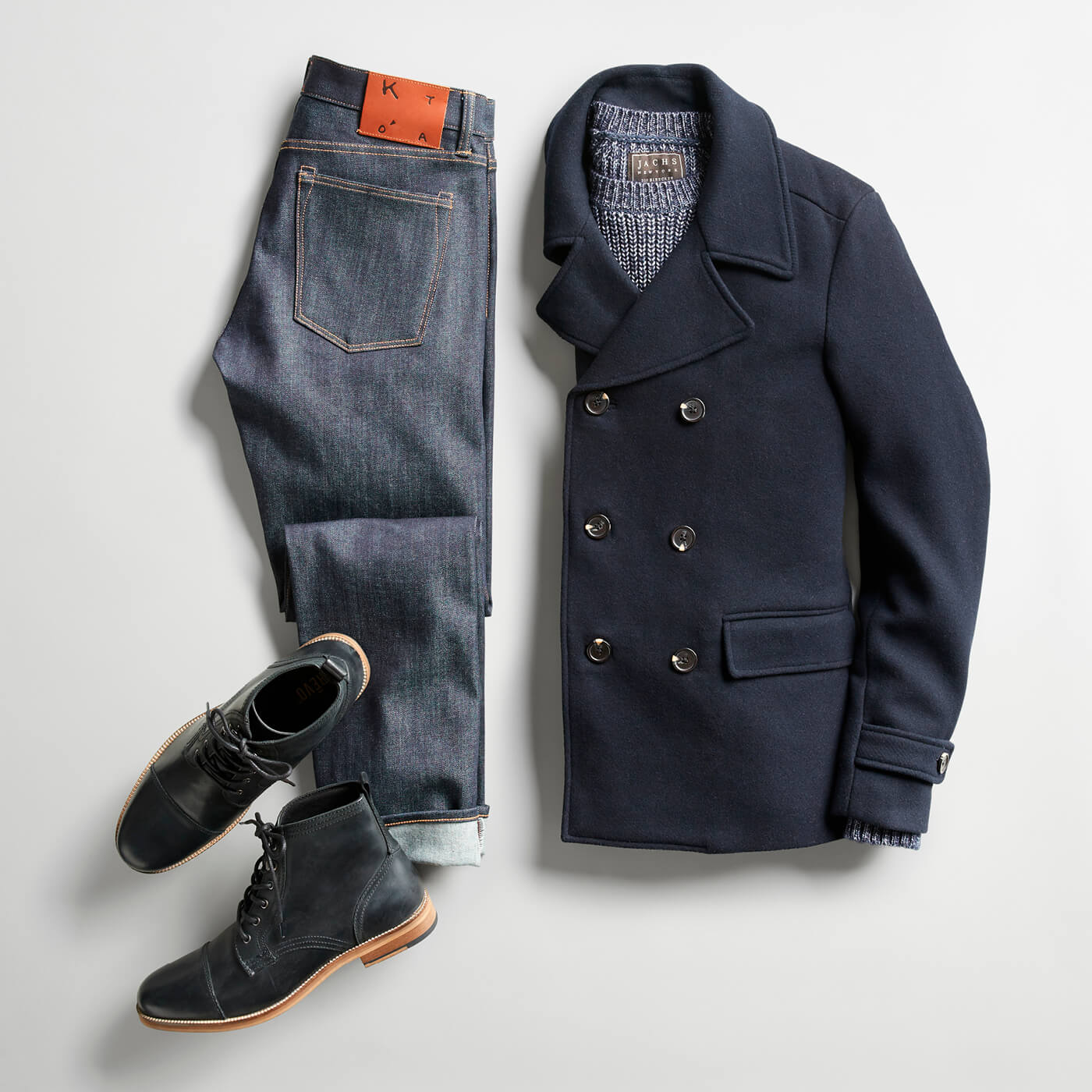 blue peacoat and raw denim
