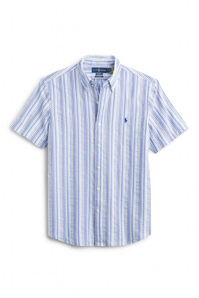 Stitch Fix Men's blue and white striped short sleeve button-down shirt.