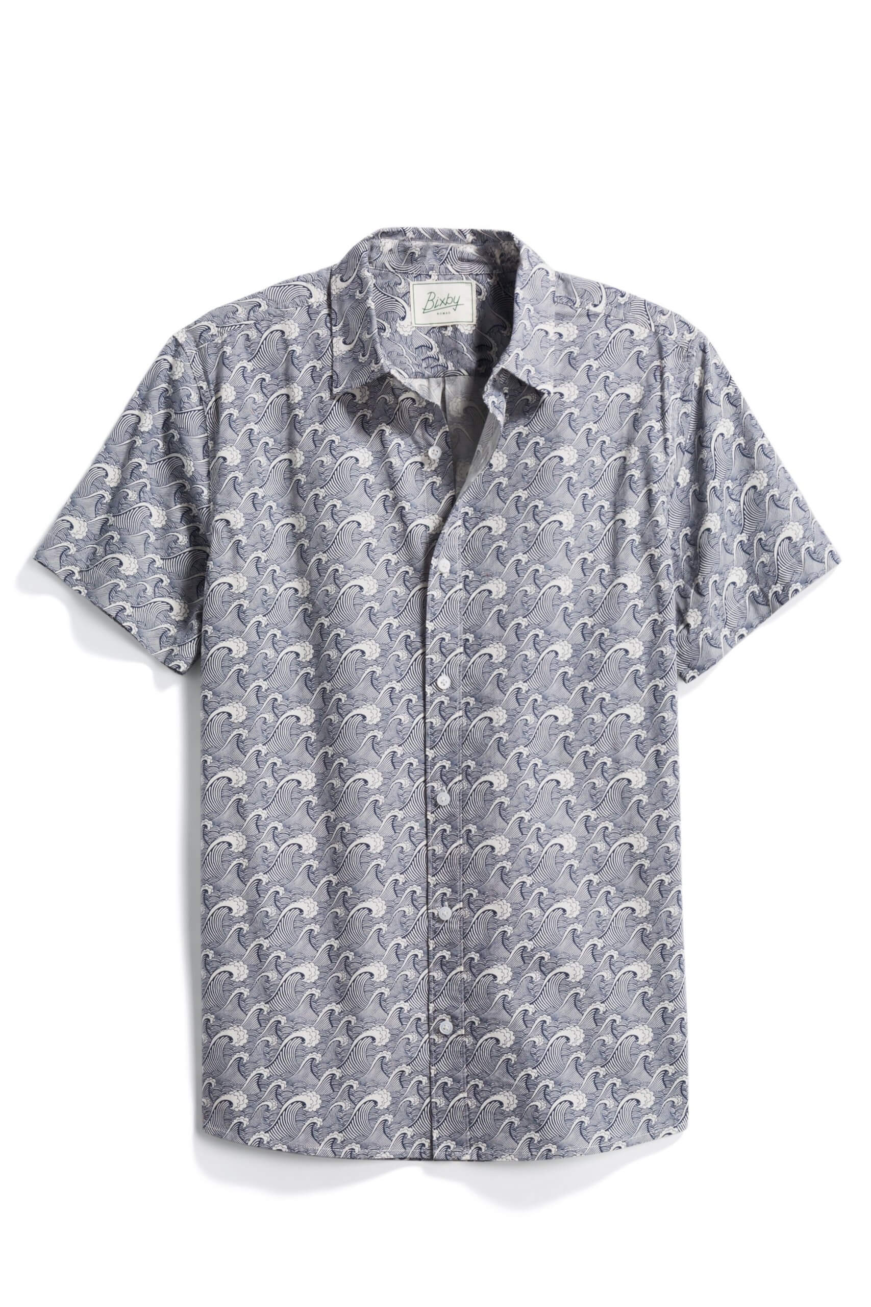 Stitch Fix Men's navy blue button-shirt with wave pattern.