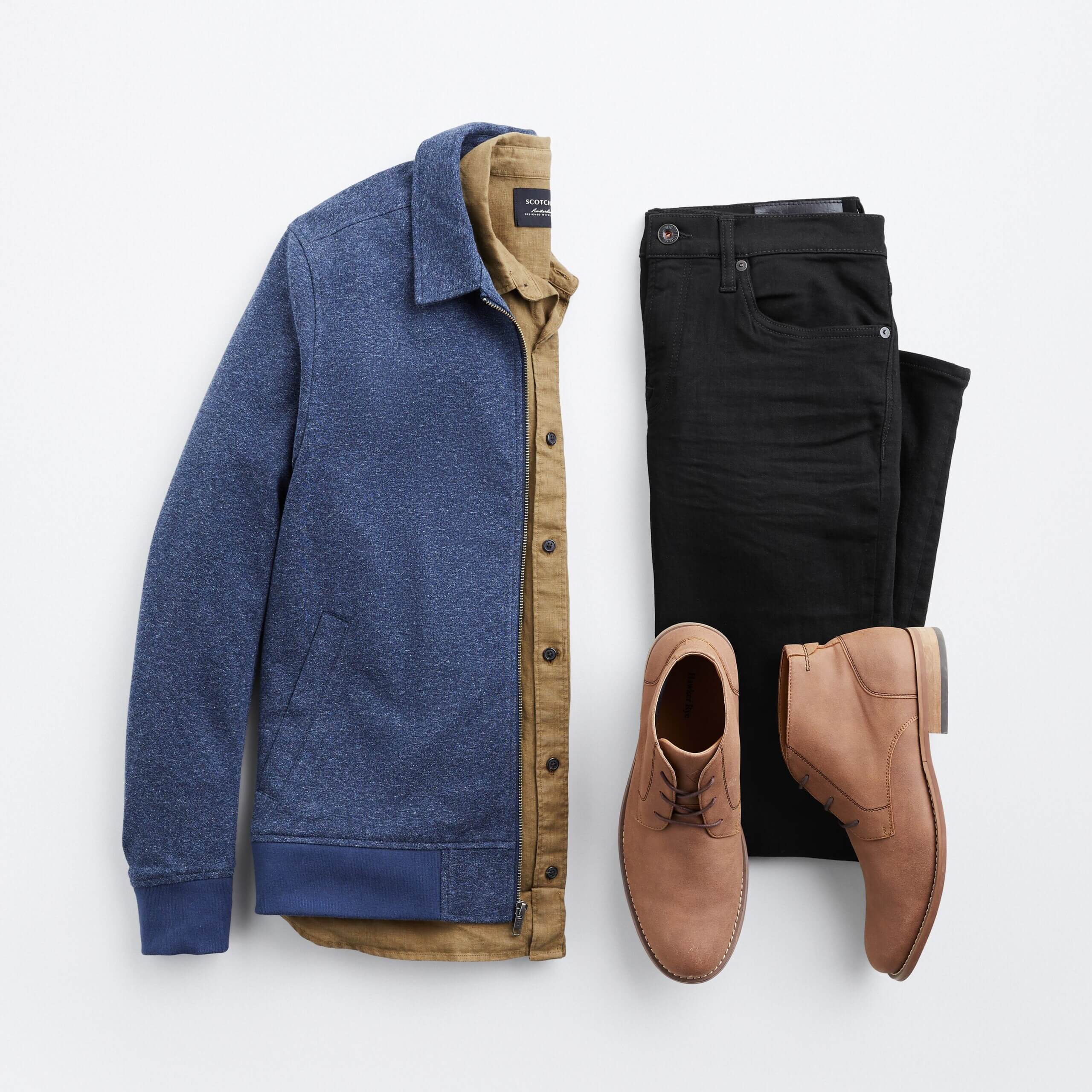 Stitch Fix men's outfit laydown featuring navy blue knit harrington jacket over olive button-down shirt with black jeans and brown chukkas.