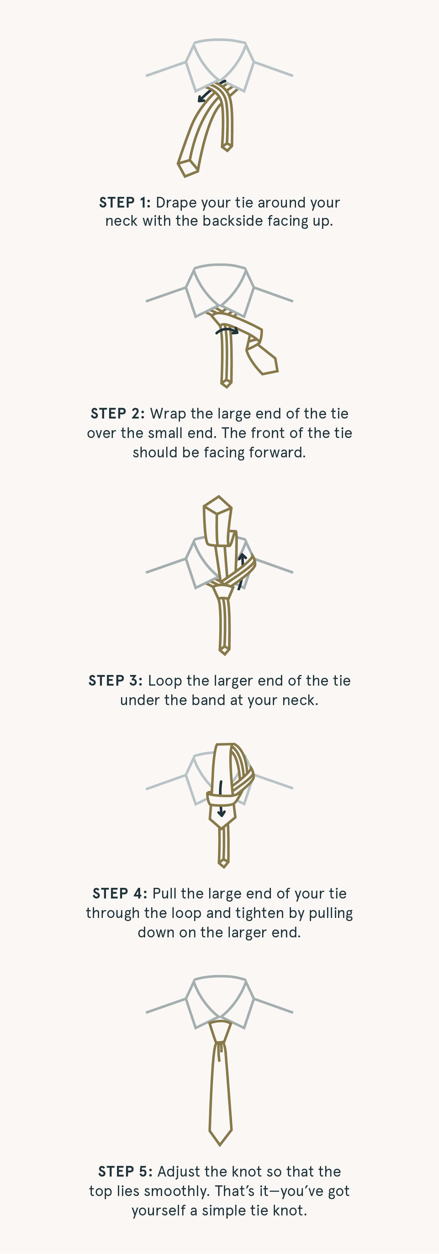 Graphic illustration of Stitch Fix’s five steps on how to tie a simple-knot tie.  