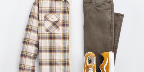 Stitch Fix men's outfit laydown featuring flannel shirt, olive jeans and mustard sneakers.