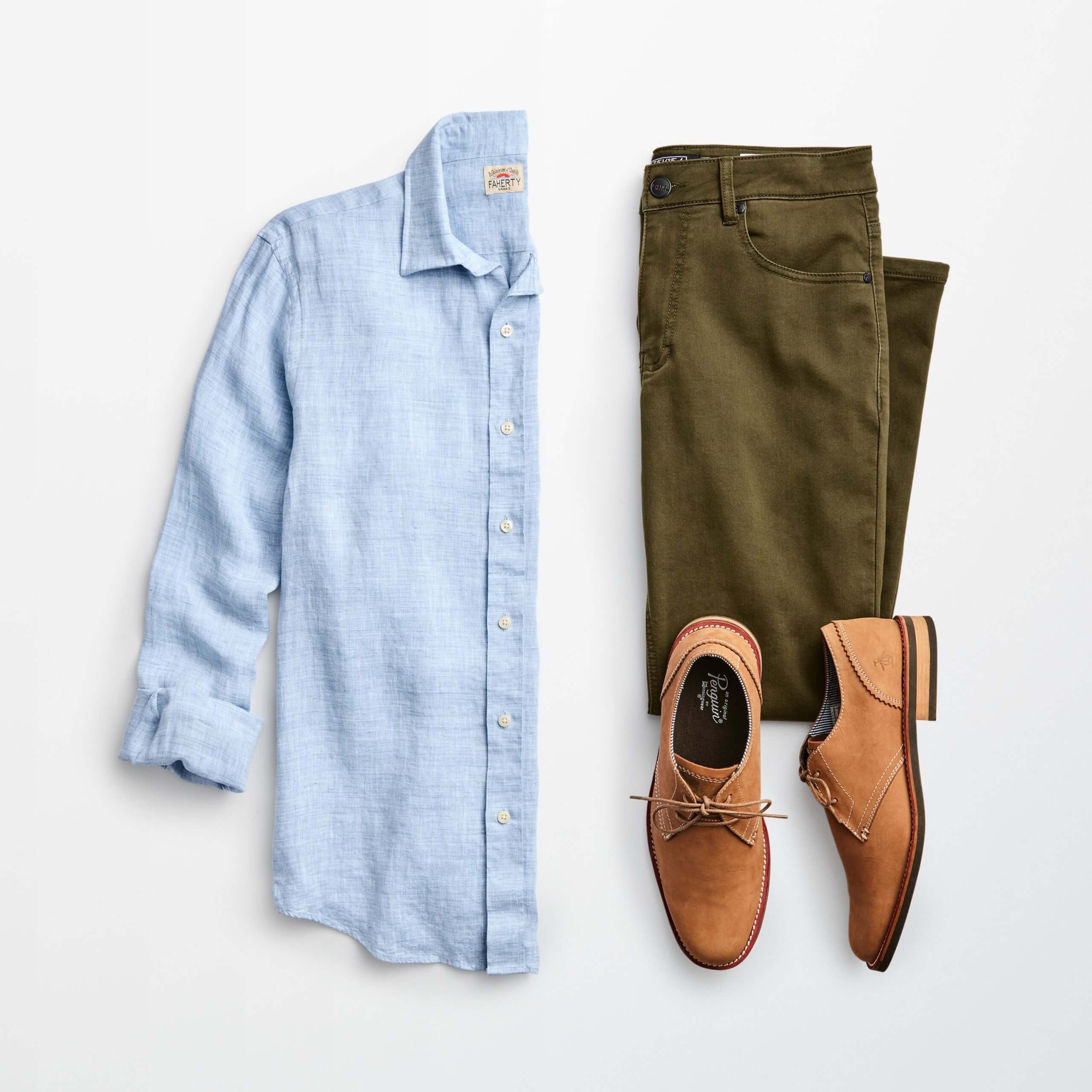 Stitch Fix Men’s outfit laydown featuring a light blue linen button-down shirt, olive-green jeans and tan Oxford dress shoes.