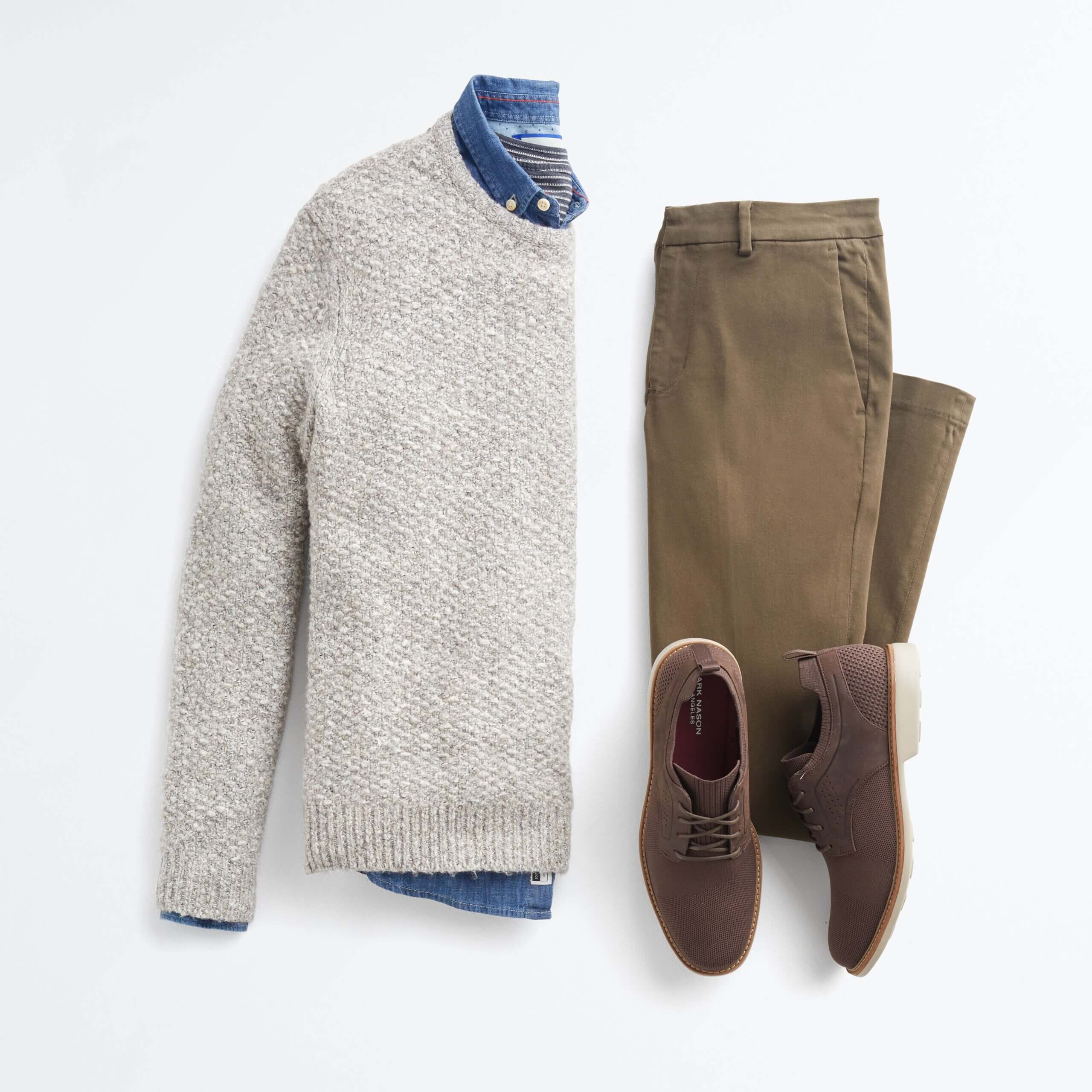 Stitch Fix Men’s Outfit featuring blue chambray top, beige sweater and brown loafers.
