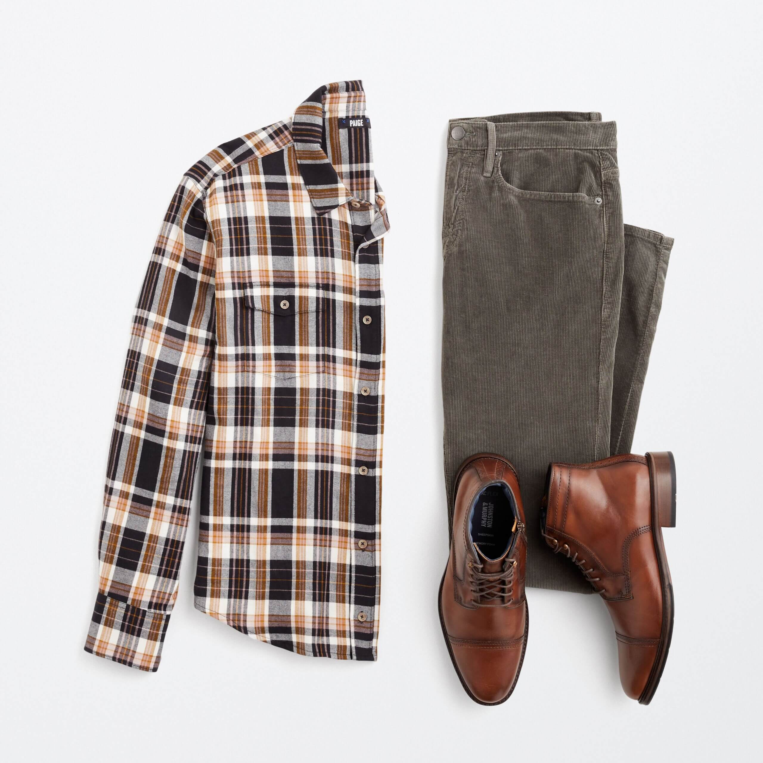 Stitch Fix men's outfit laydown featuring grey corduroy pants, rusted orange and brown plaid shirt and brown leather boots. 