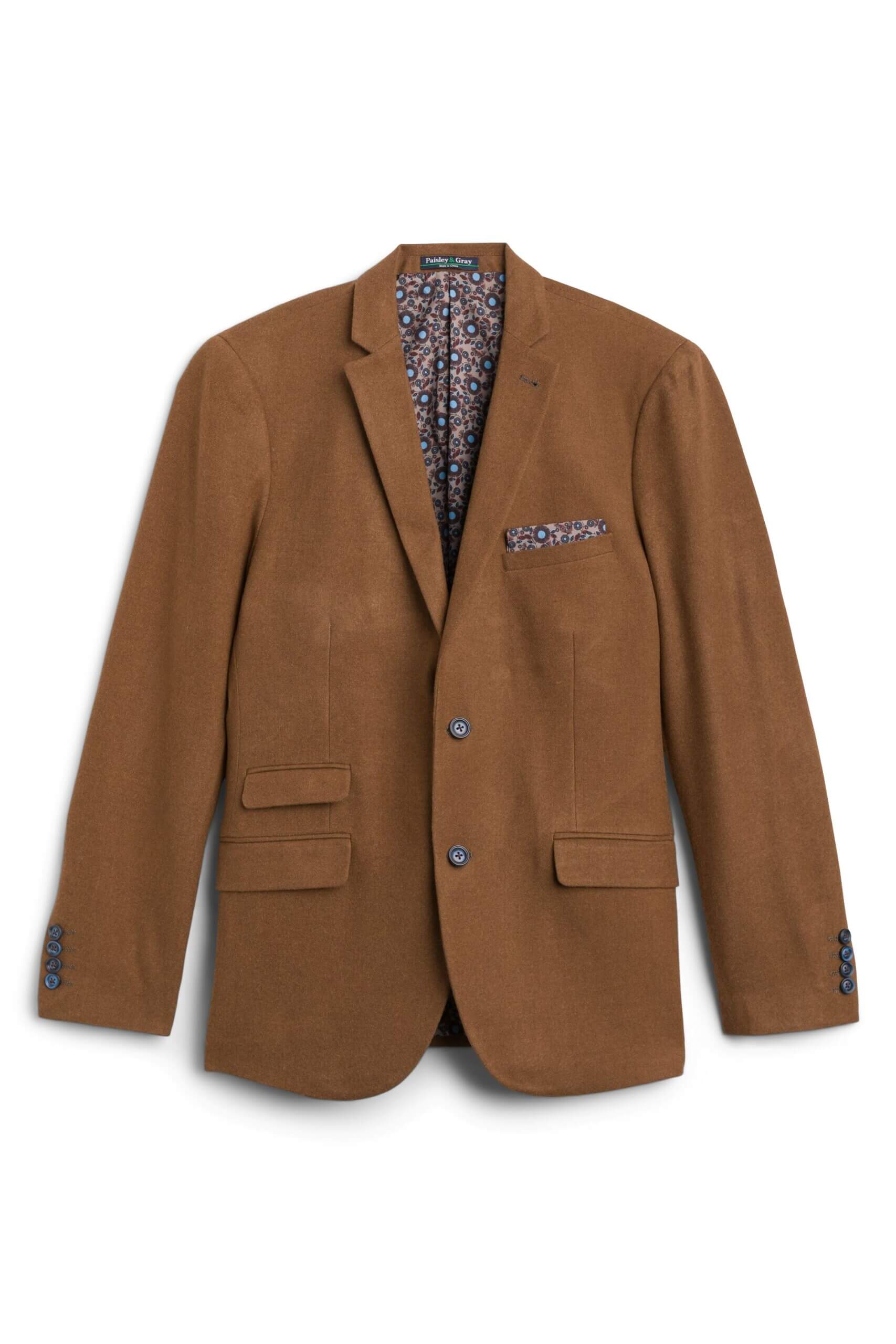 Stitch Fix men’s brown blazer with navy floral print lining.