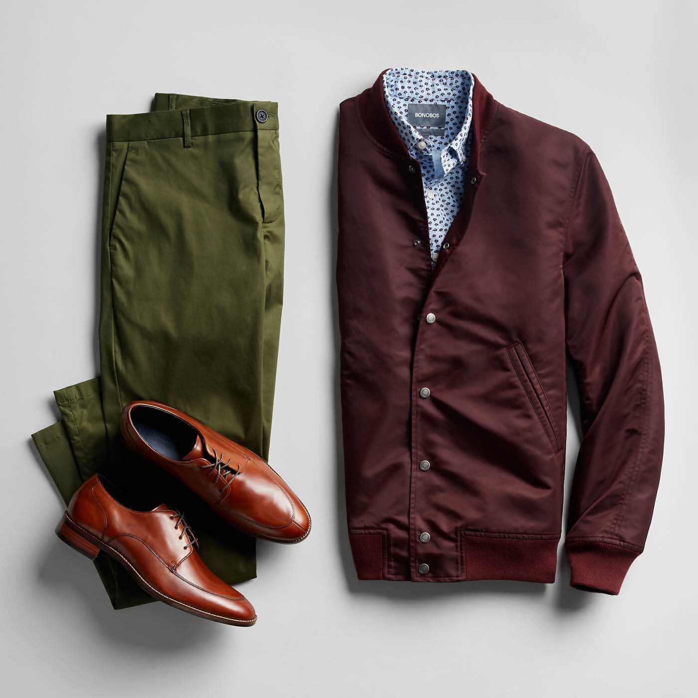 maroon jacket green pants