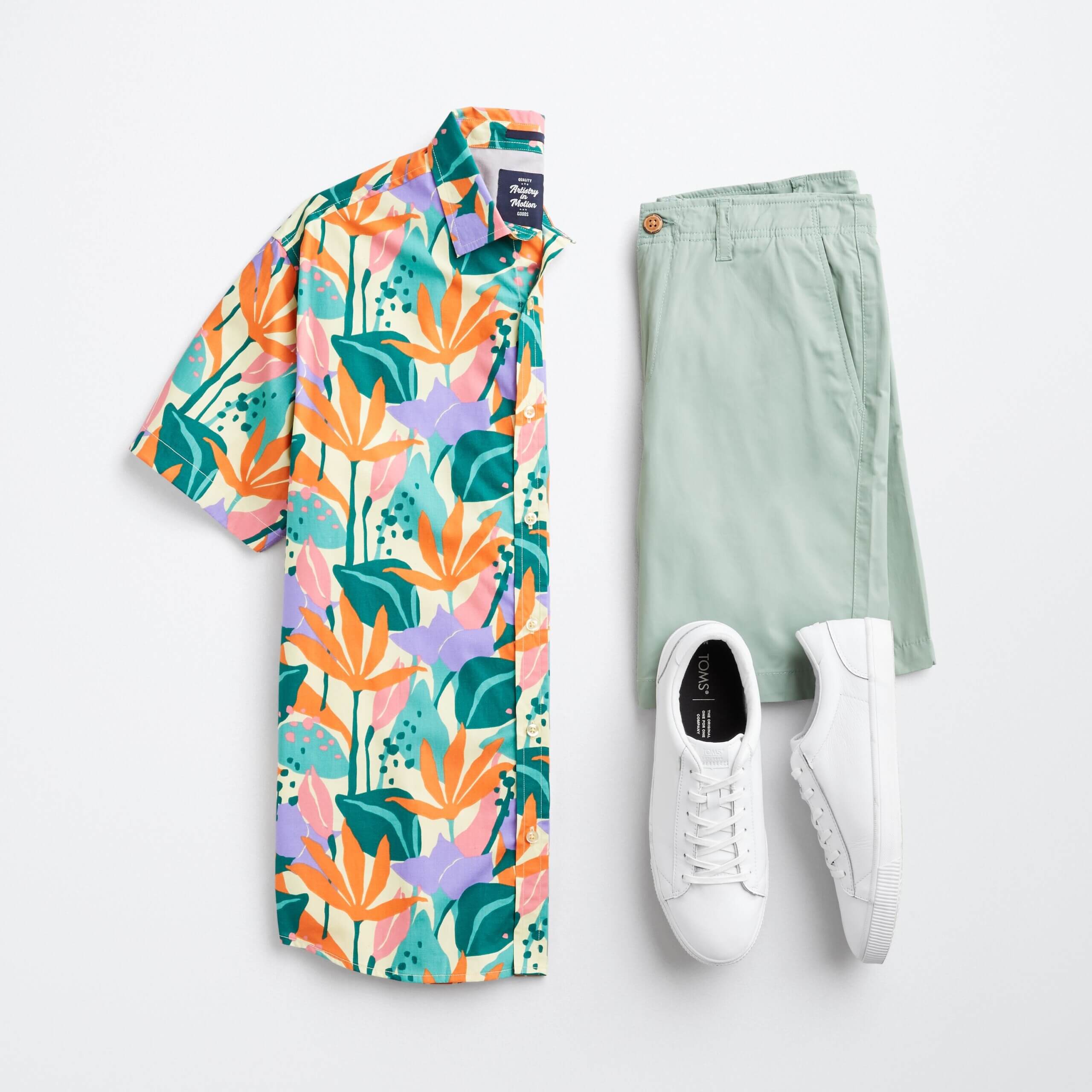 Stitch Fix Men's tropical button-down shirt with green shorts and white sneakers. 