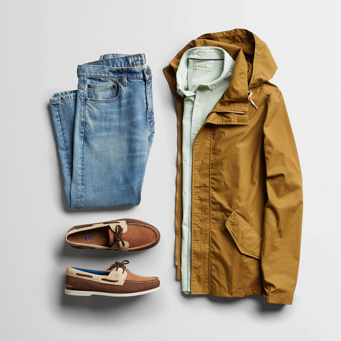 khaki jacket, jeans and boat shoes