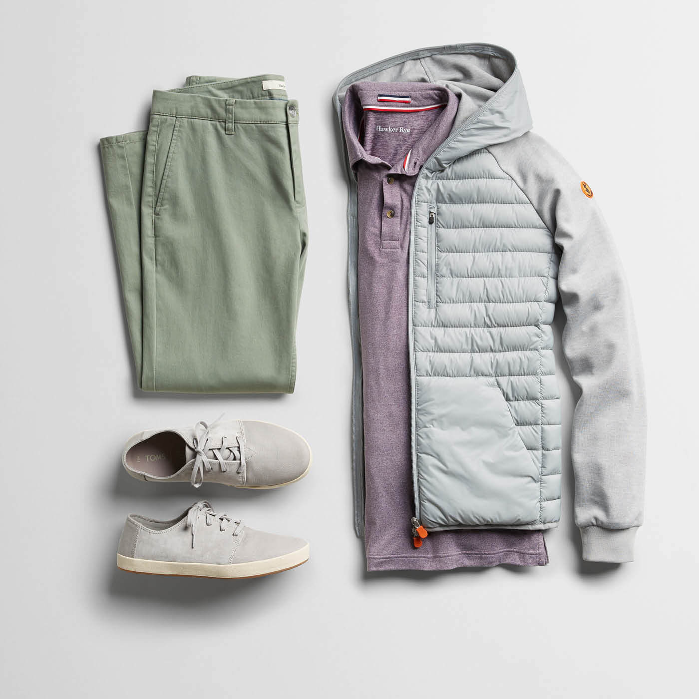 pastel shirt and green chinos