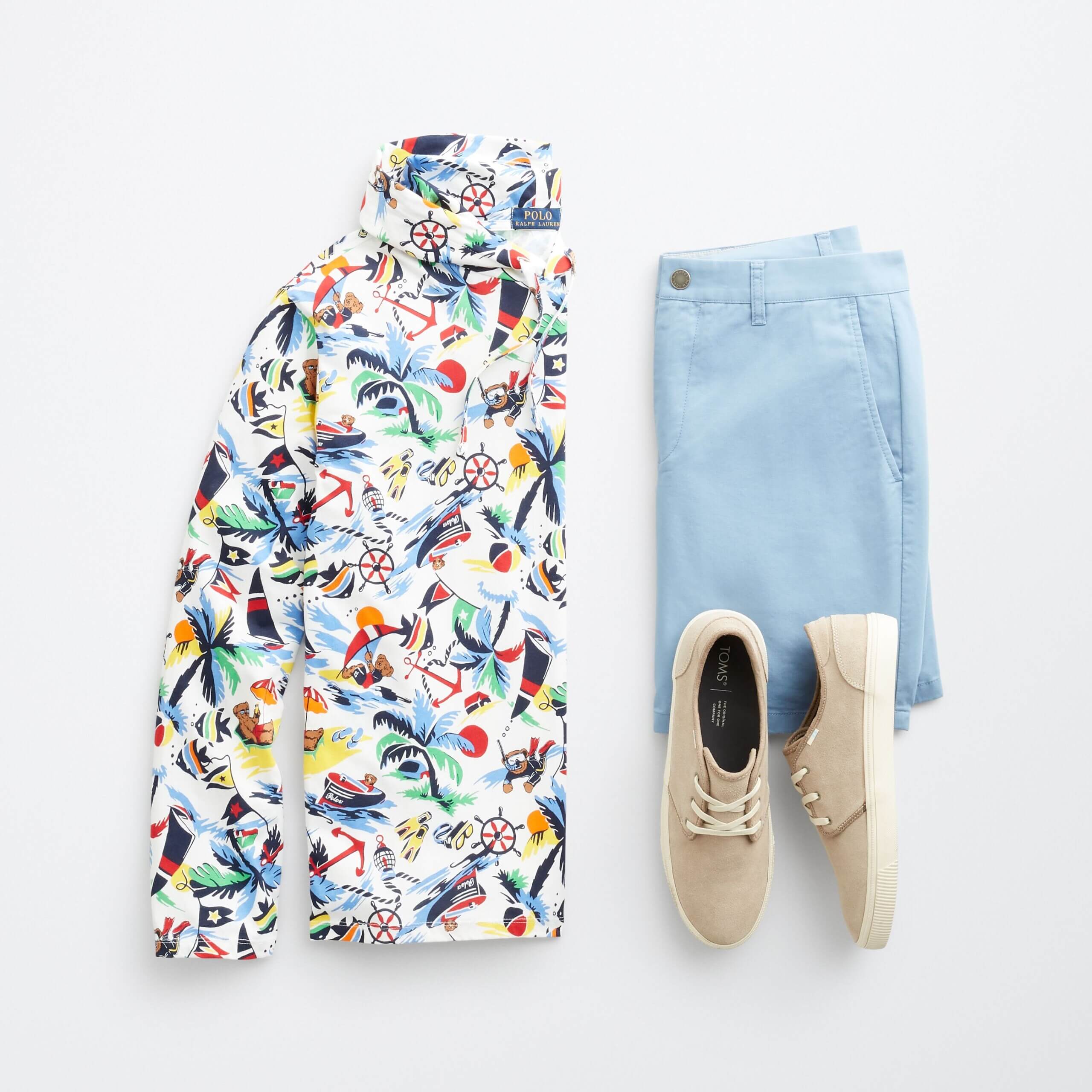 Stitch Fix men's outfit laydown featuring tropical print hooded tee, baby blue shorts and tan sneakers. 