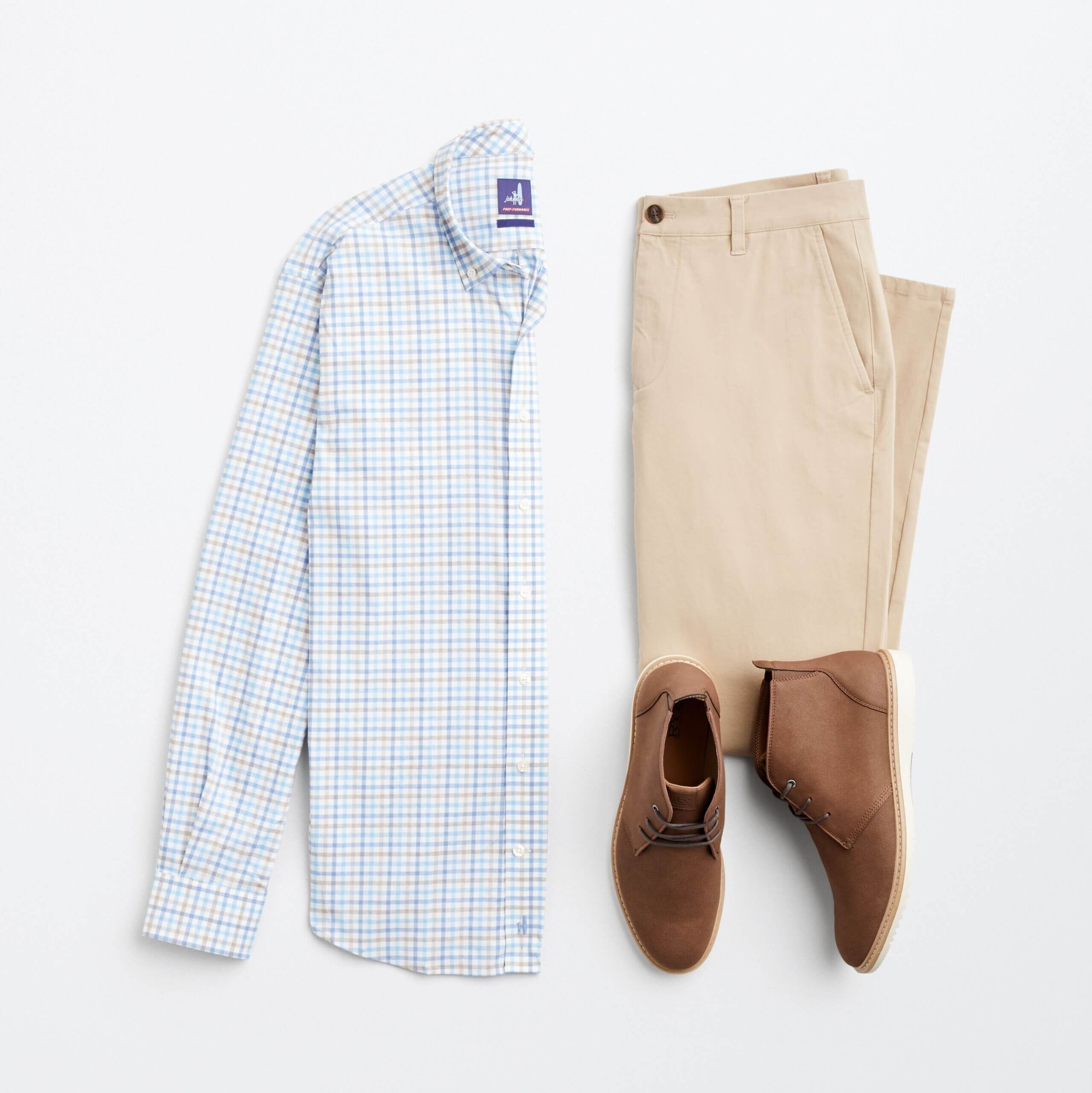 Stitch Fix men's outfit laydown featuring khaki chinos, brown chukkas and light blue button-down shirt. 