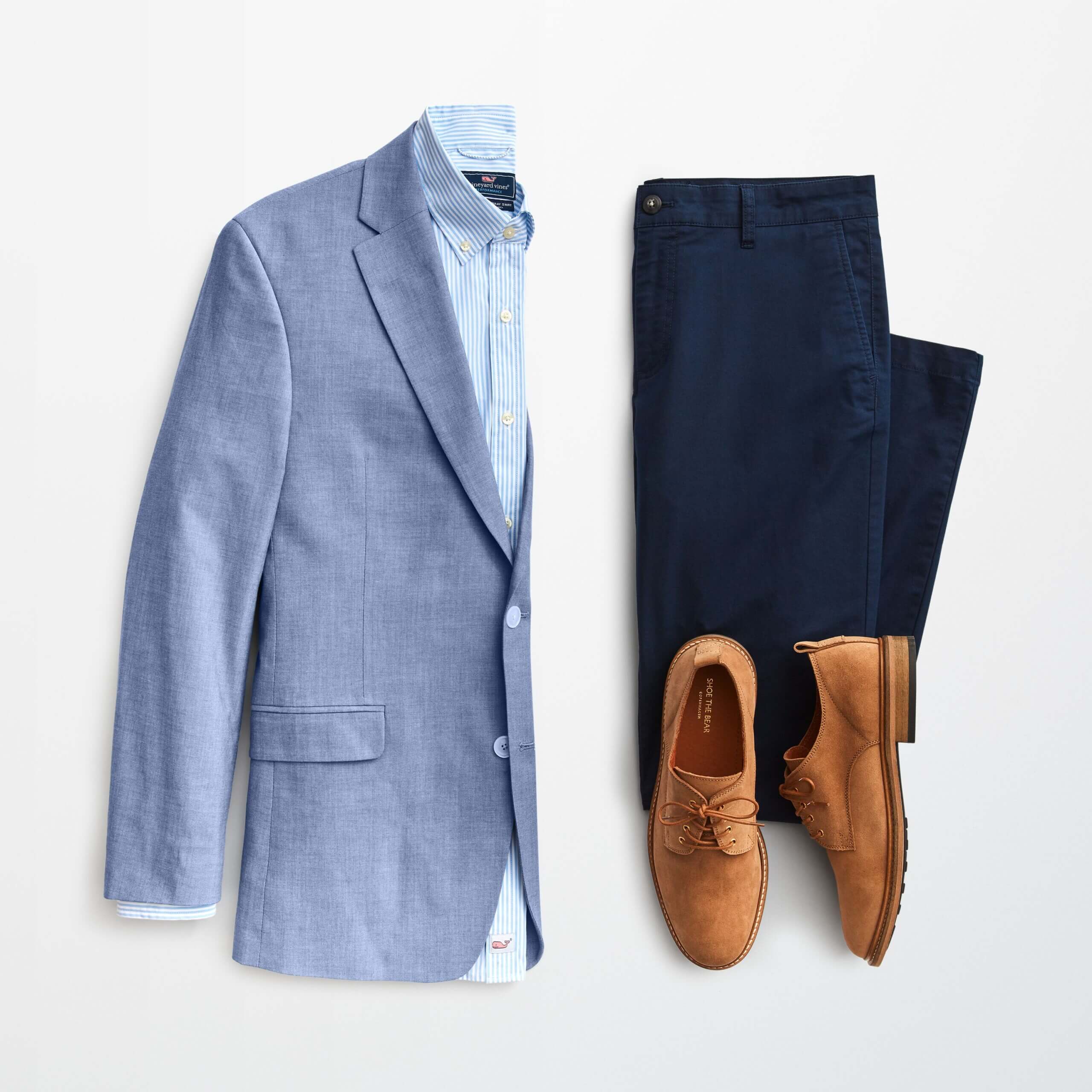 Stitch Fix men's outfit laydown featuring blue blazer over blue dress shirt and navy pants. 
