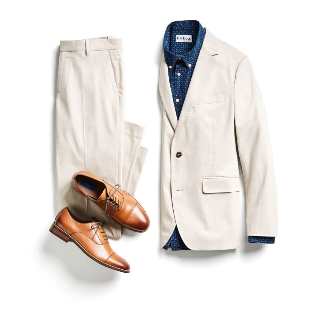 Stitch Fix Men’s Wedding outfit featuring beige suit, navy micro-dot button-down shirt and brown Oxford dress shoes.