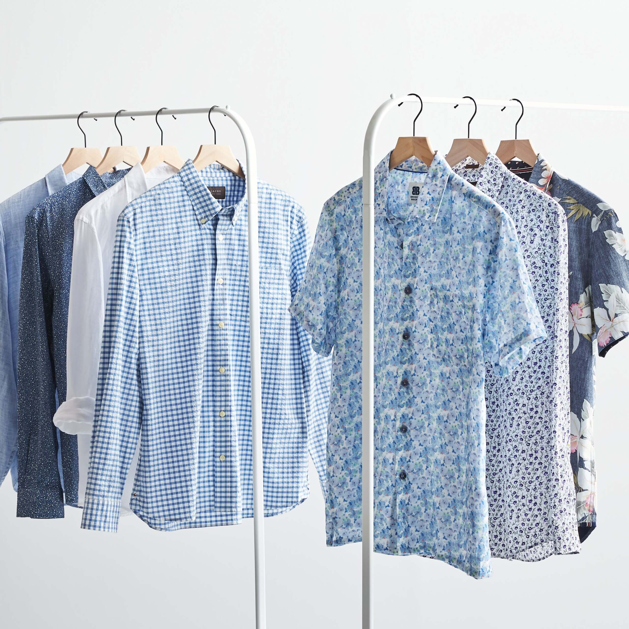 Stitch Fix Men’s Wedding outfits featuring a variety of blue long and short sleeve patterned button-down shirts.
