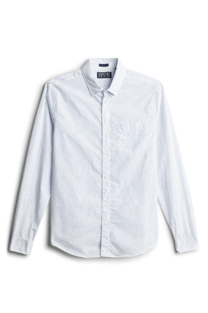 Stitch Fix Men’s white button-up shirt with blue polka-dot print.
