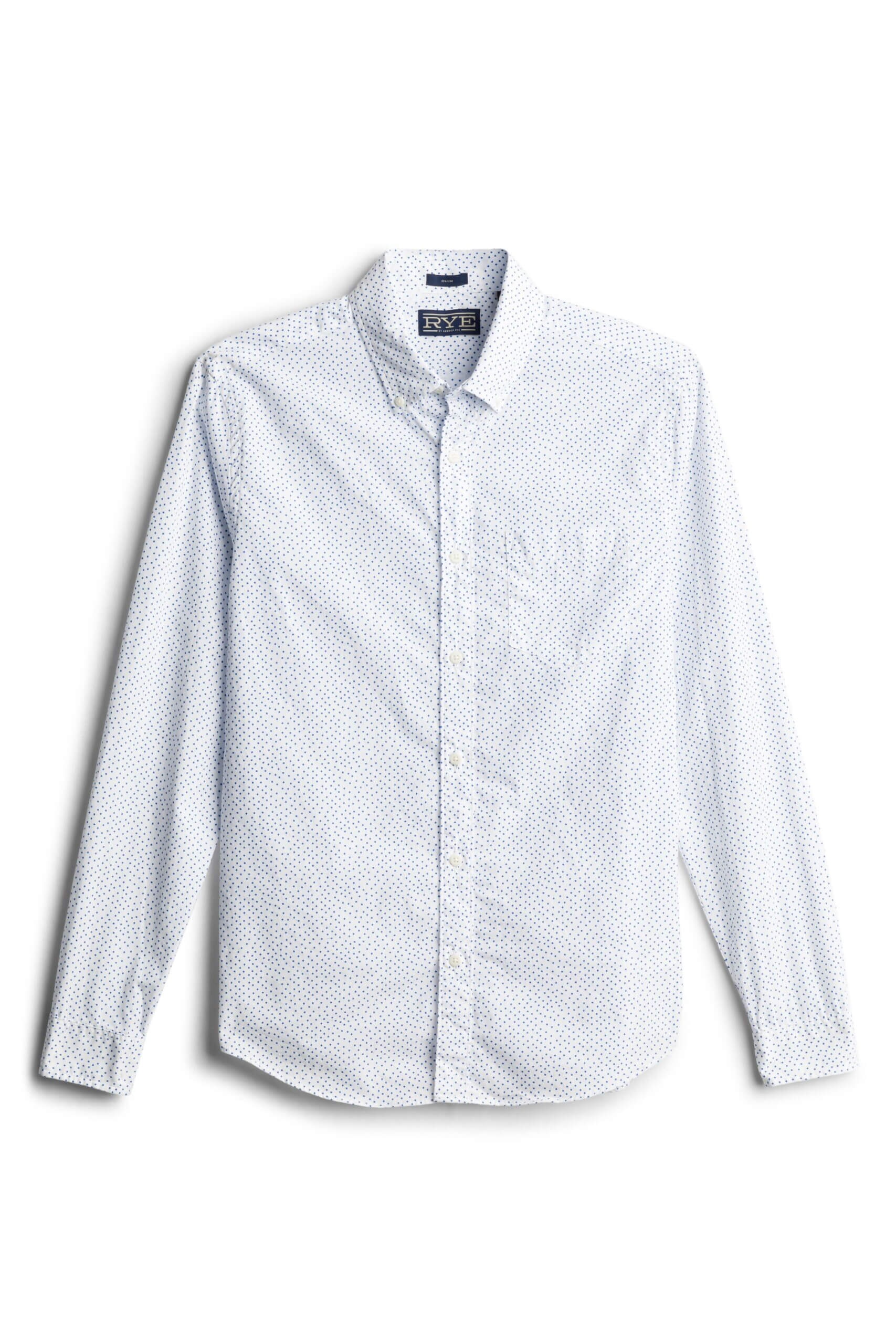 Stitch Fix Men’s white button-up shirt with blue polka-dot print.