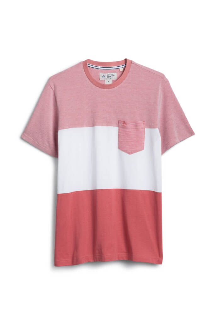 Stitch Fix Men’s pink, white and red colorblock t-shirt with pocket.