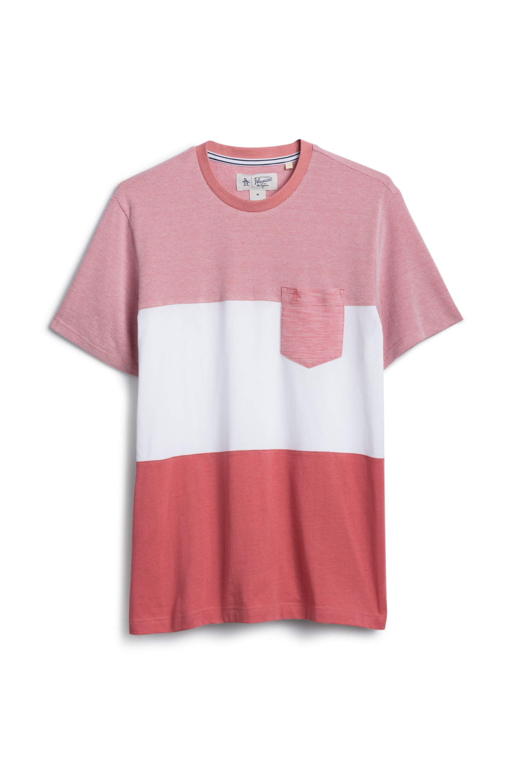 Stitch Fix Men’s pink, white and red colorblock t-shirt with pocket.