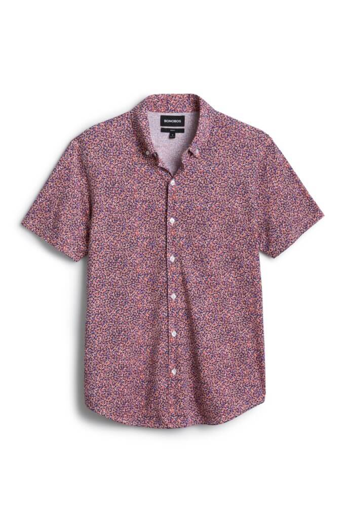 Stitch Fix Men’s navy blue and red micro floral print short-sleeve button-up shirt.