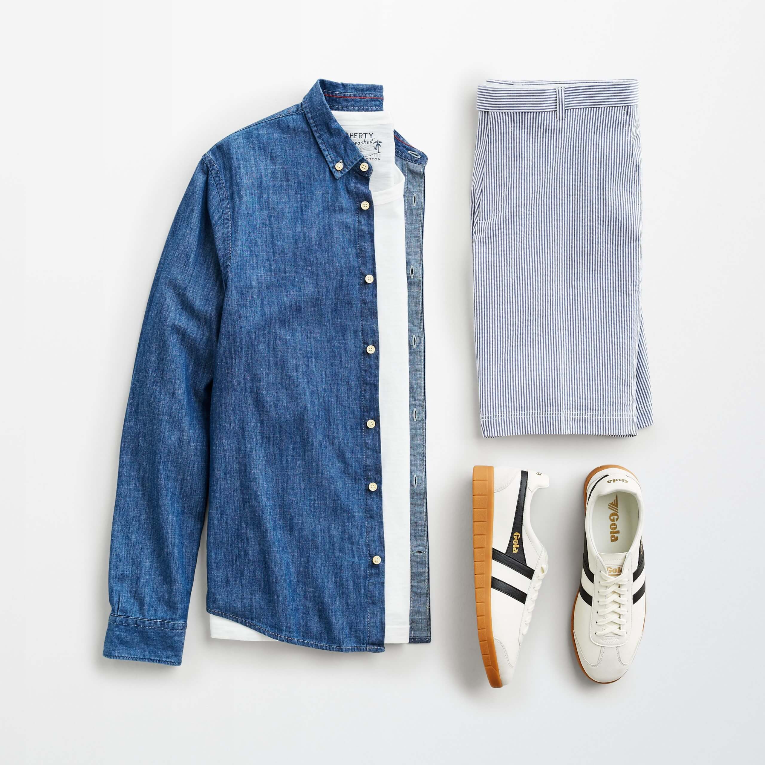 Stitch Fix men’s outfit laydown featuring blue long-sleeve button-down over white shirt, striped shorts and white trainers.