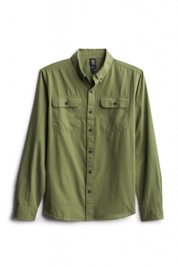 Stitch Fix Men’s olive button-up shirt with double-breasted pockets.