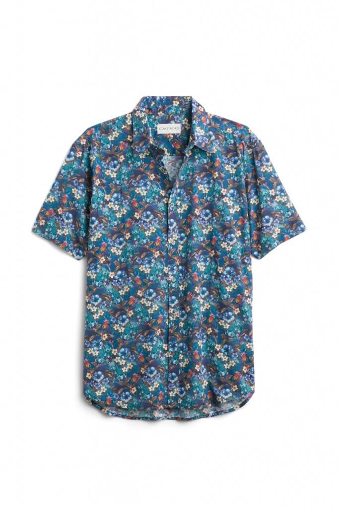 Stitch Fix Men’s blue, red and yellow micro floral button-up with short sleeves.