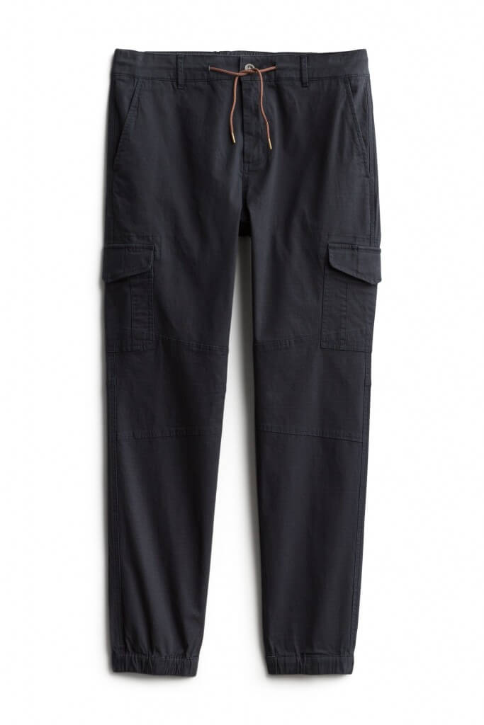 Stitch Fix Men’s charcoal grey twill joggers with drawstring waist and cargo pockets.