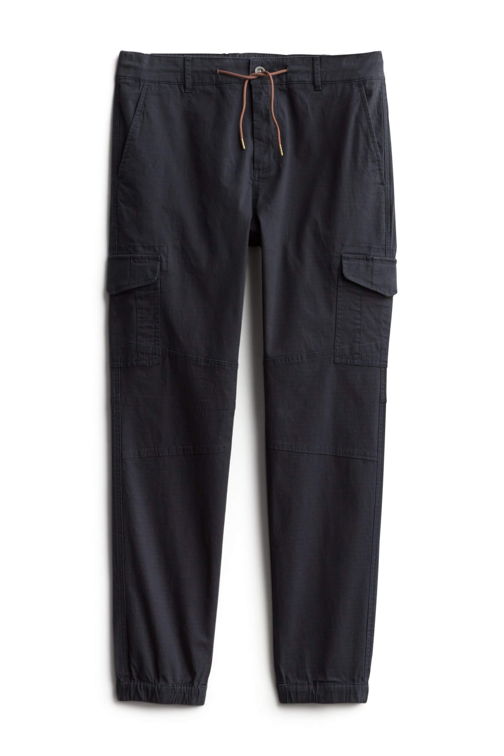Stitch Fix Men’s charcoal grey twill joggers with drawstring waist and cargo pockets.
