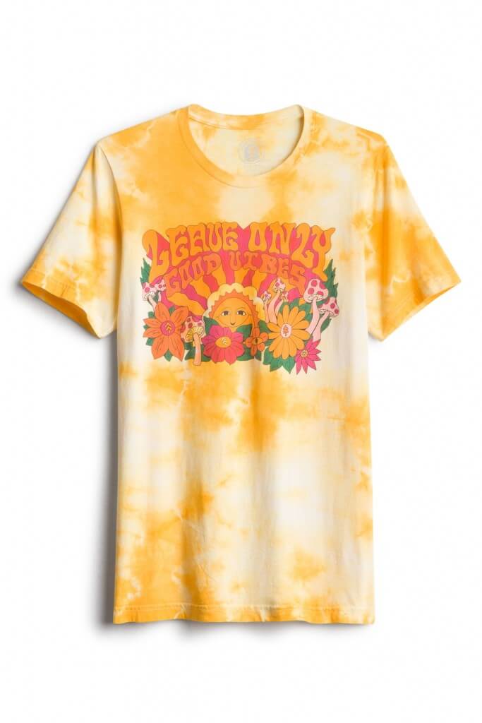Stitch Fix Men’s yellow tie-dye graphic tee with flowers, mushrooms, sun and text: “Leave Only Good Vibes.”