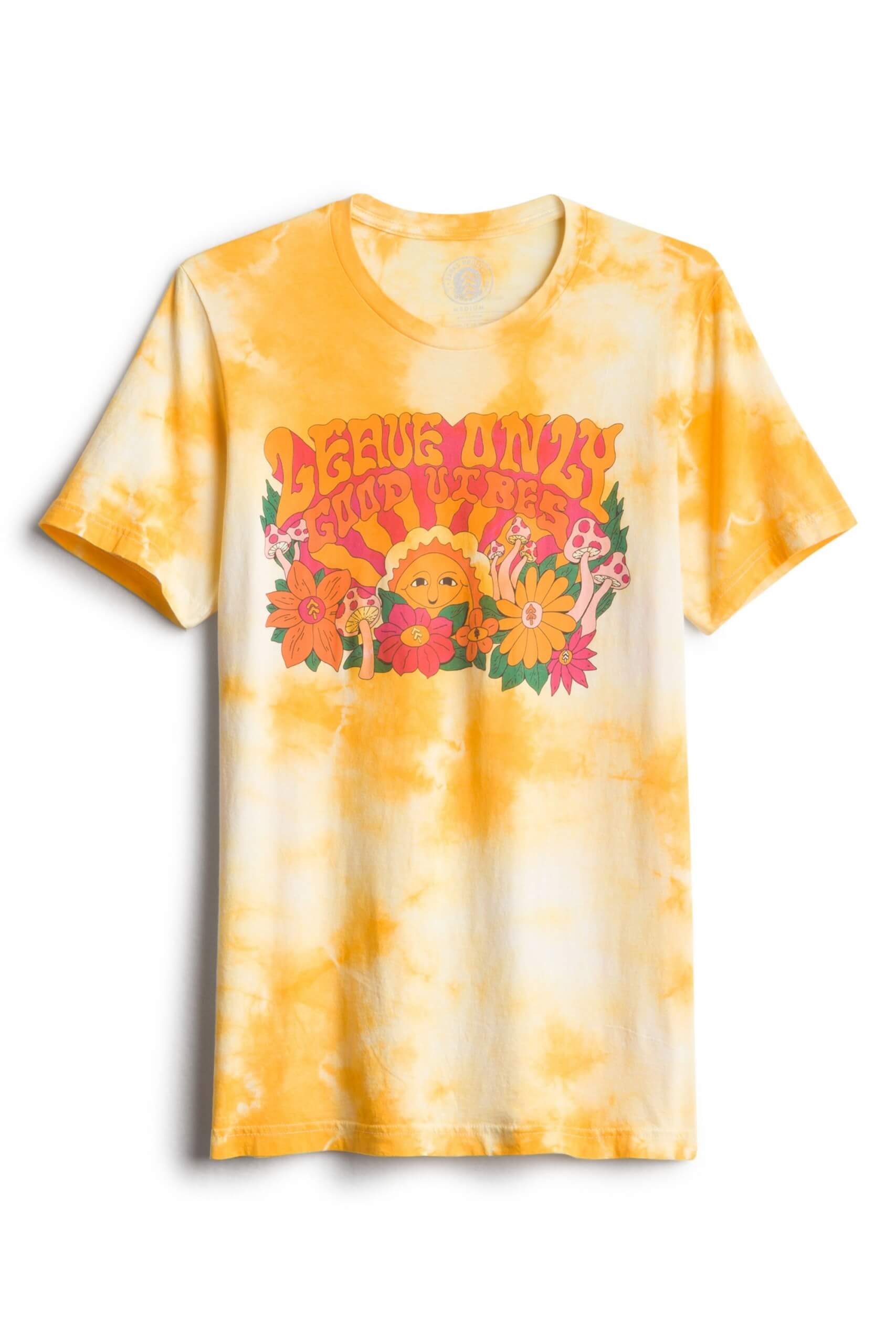 Stitch Fix Men’s yellow tie-dye graphic tee with flowers, mushrooms, sun and text: “Leave Only Good Vibes.”