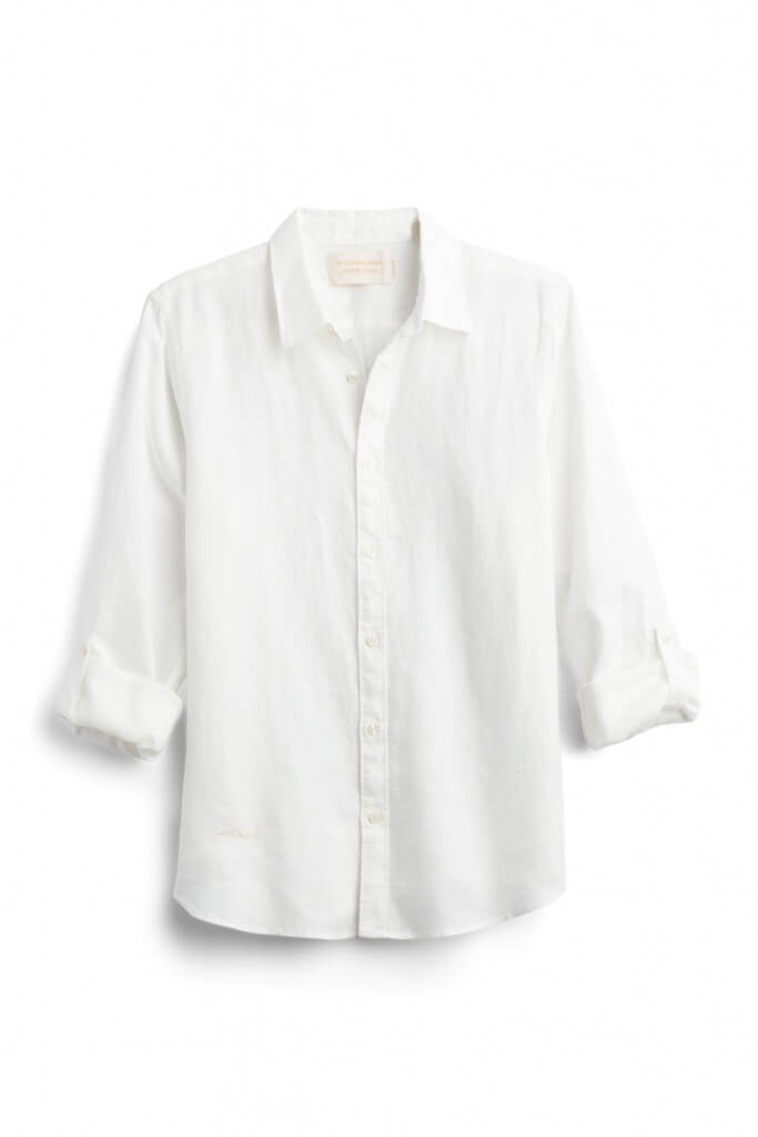 Stitch Fix Men’s white button-up shirt with three-quarter length rolled sleeves.