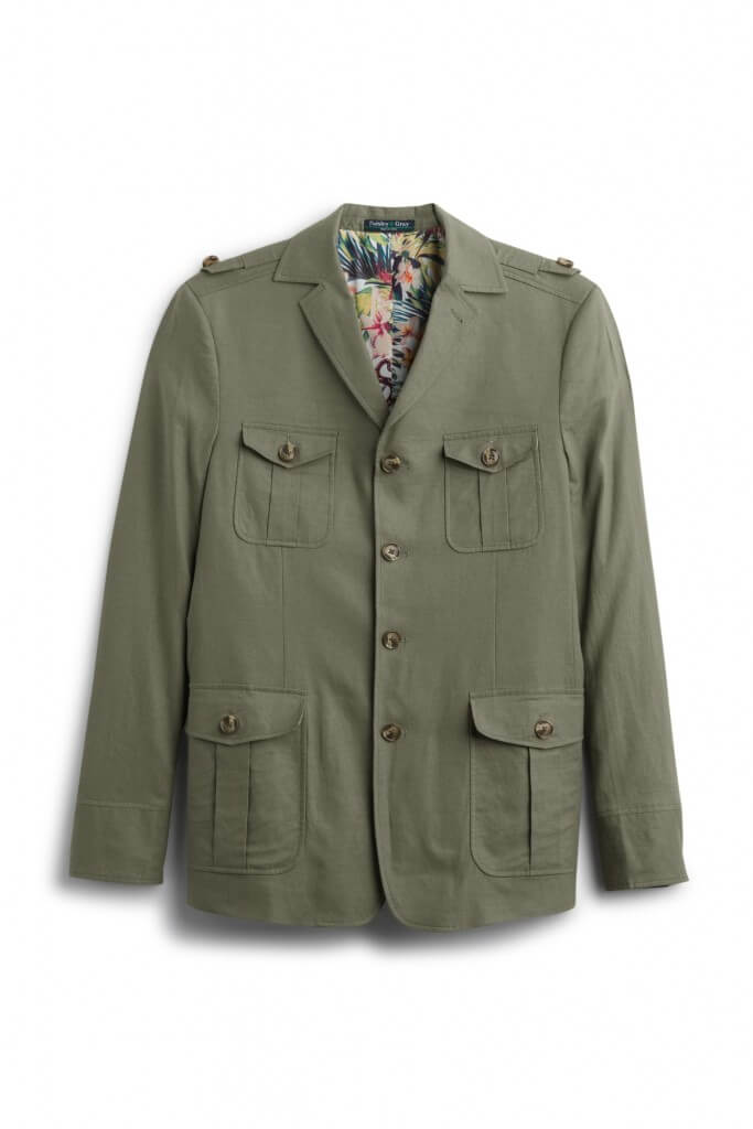 Stitch Fix Men’s forest green safari jacket with floral inner lining.