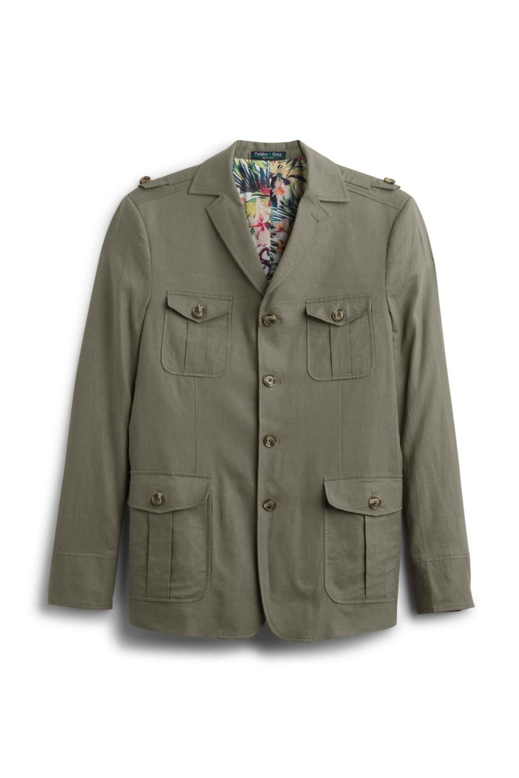 Stitch Fix Men’s forest green safari jacket with floral inner lining.