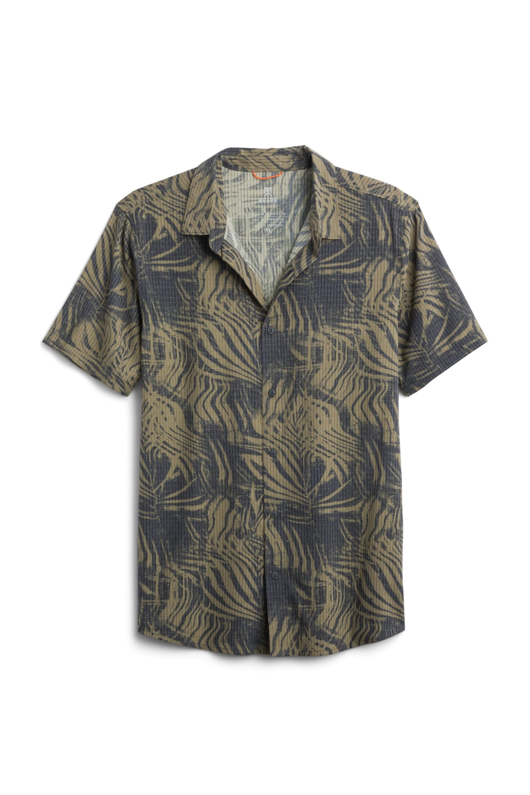 Stitch Fix Men’s short-sleeve button-up shirt with an olive and grey leaf print.