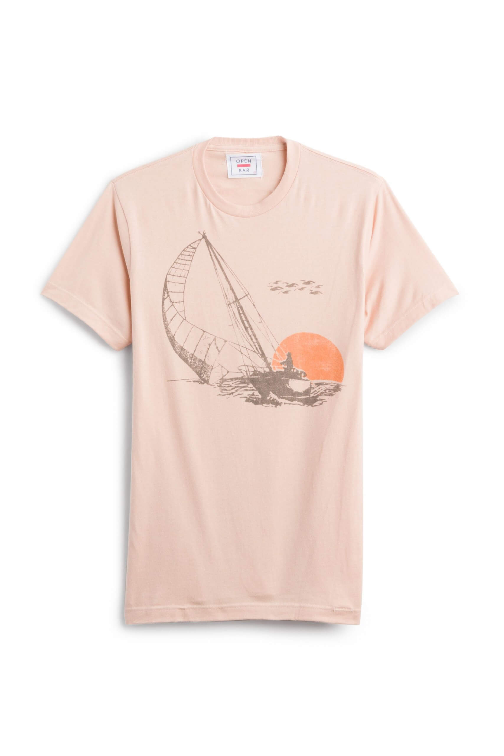 Stitch Fix Men’s pink graphic tee with a sail boat and setting sun.