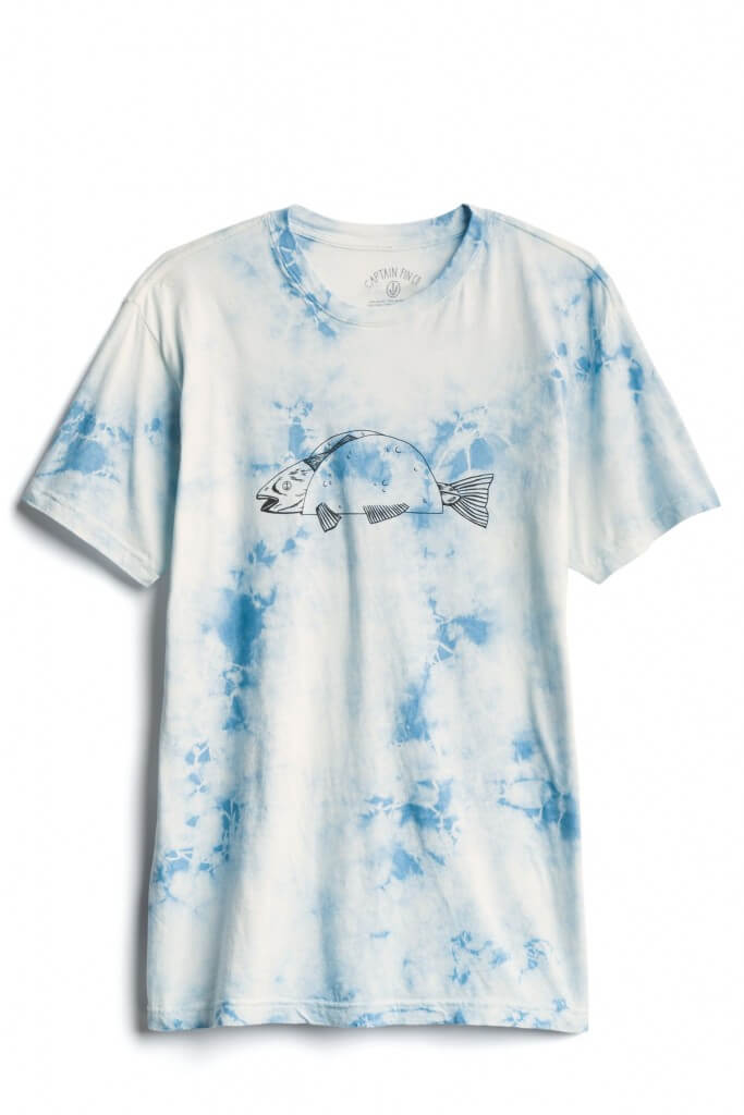 Stitch Fix Men’s white and blue tie-dye graphic tee with a fish taco.