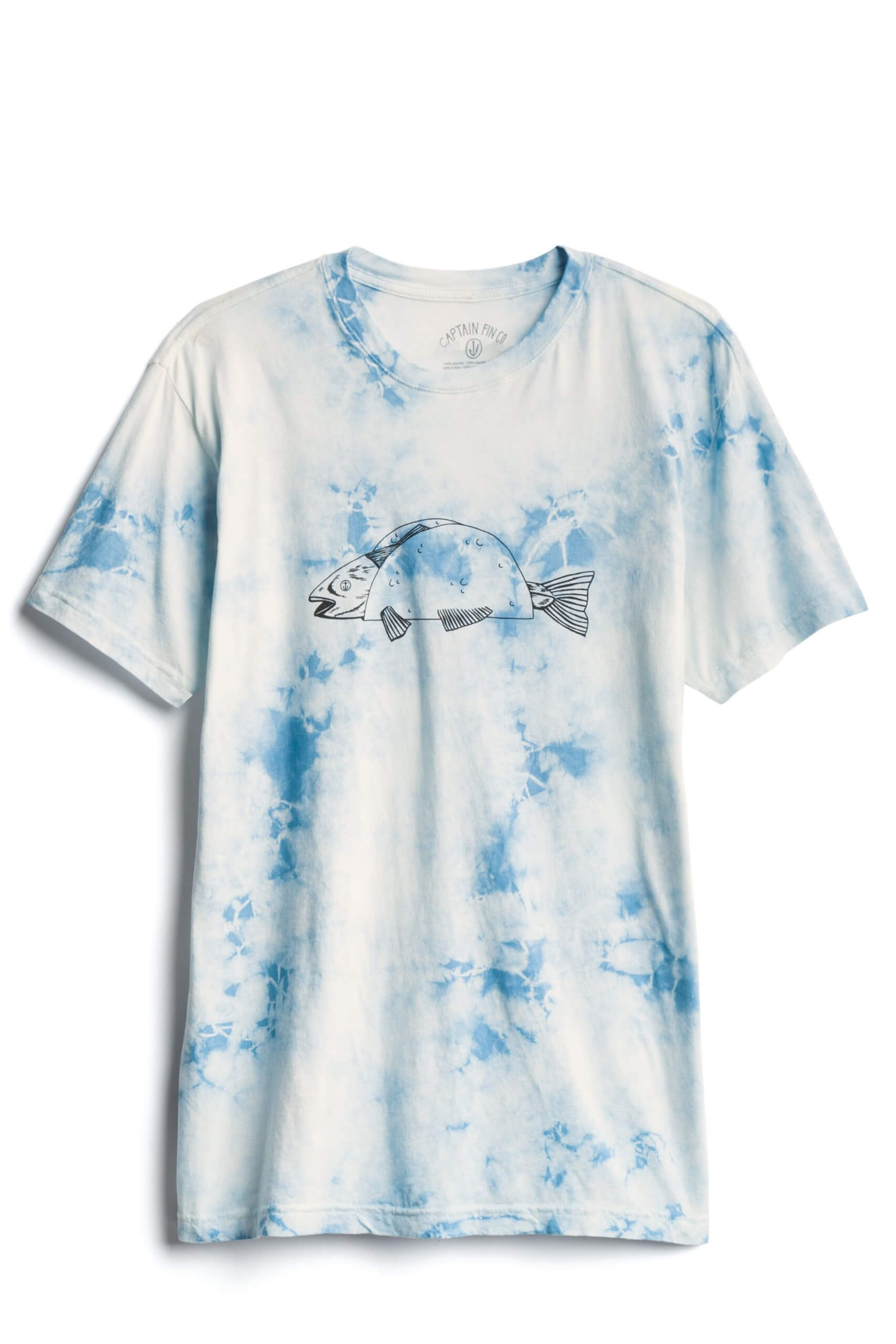 Stitch Fix Men’s white and blue tie-dye graphic tee with a fish taco.