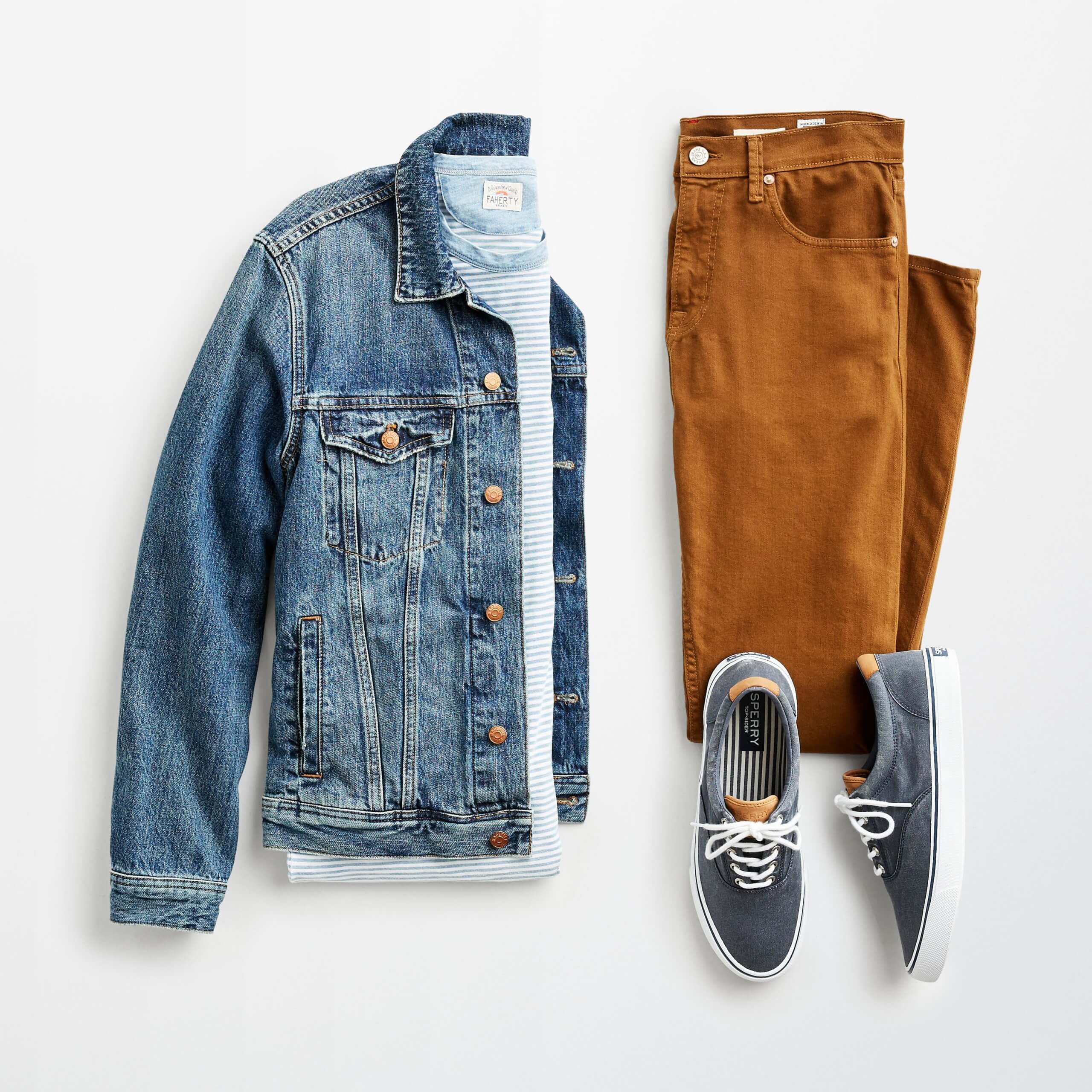 Stitch Fix jean jacket men's outfit laydown with blue jean jacket, light blue striped T-shirt, brown jeans and navy lace-up canvas sneakers.