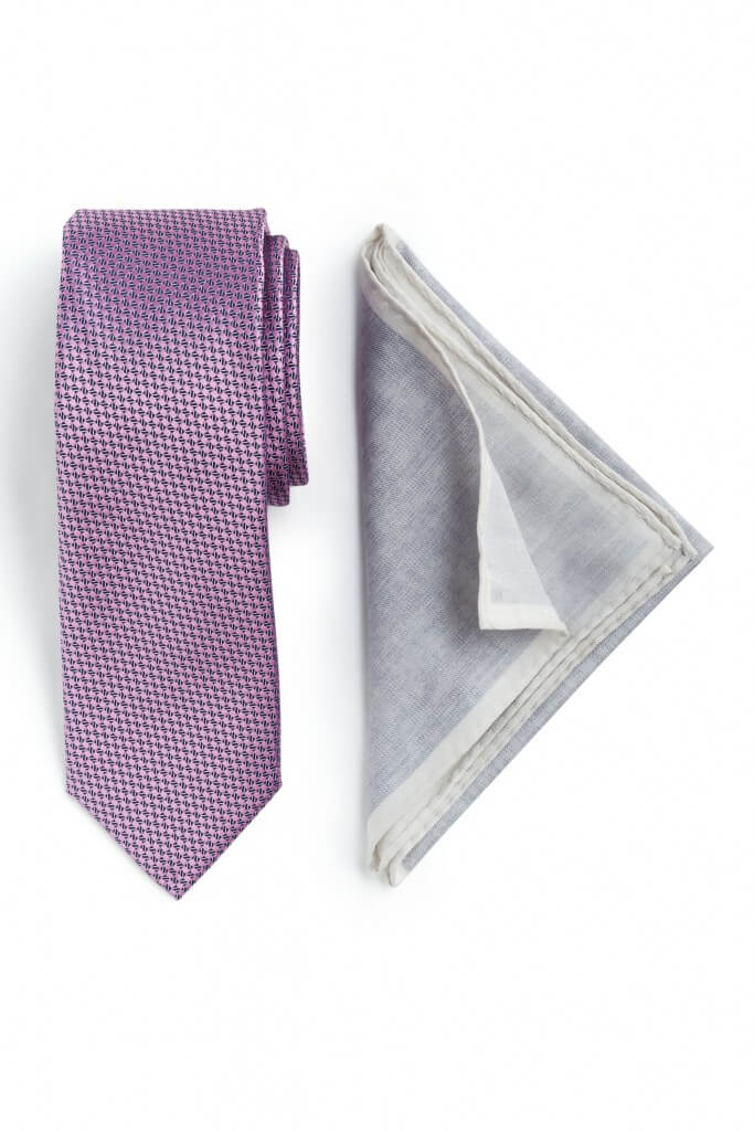 Stitch Fix men’s purple geometric print tie and gray pocket square.