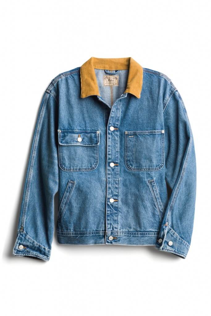 Stitch Fix men’s blue jean jacket with contrasting tan collar.
