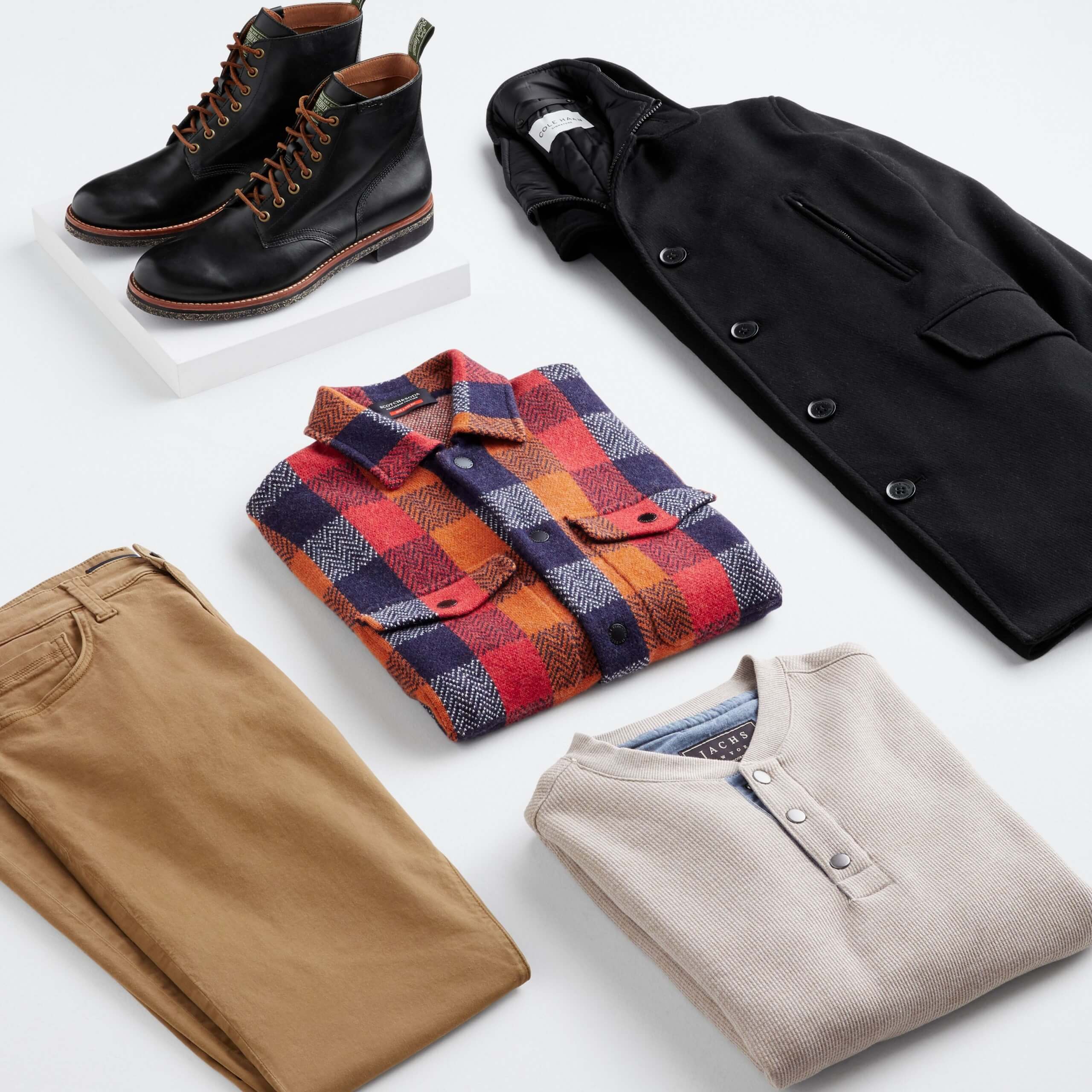 Stitch Fix men’s fall fashion 2021 outfit with brown pants, multi-color buffalo check flannel shirt, beige henley, black wool coat and black lace-up boots.