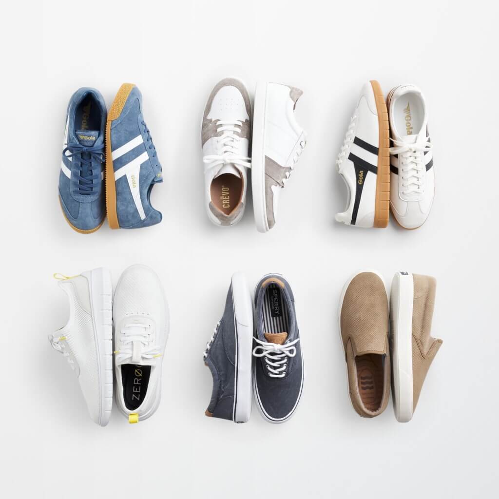 Stitch Fix men’s sneakers laydown of sneakers in blue, white, grey and tan.