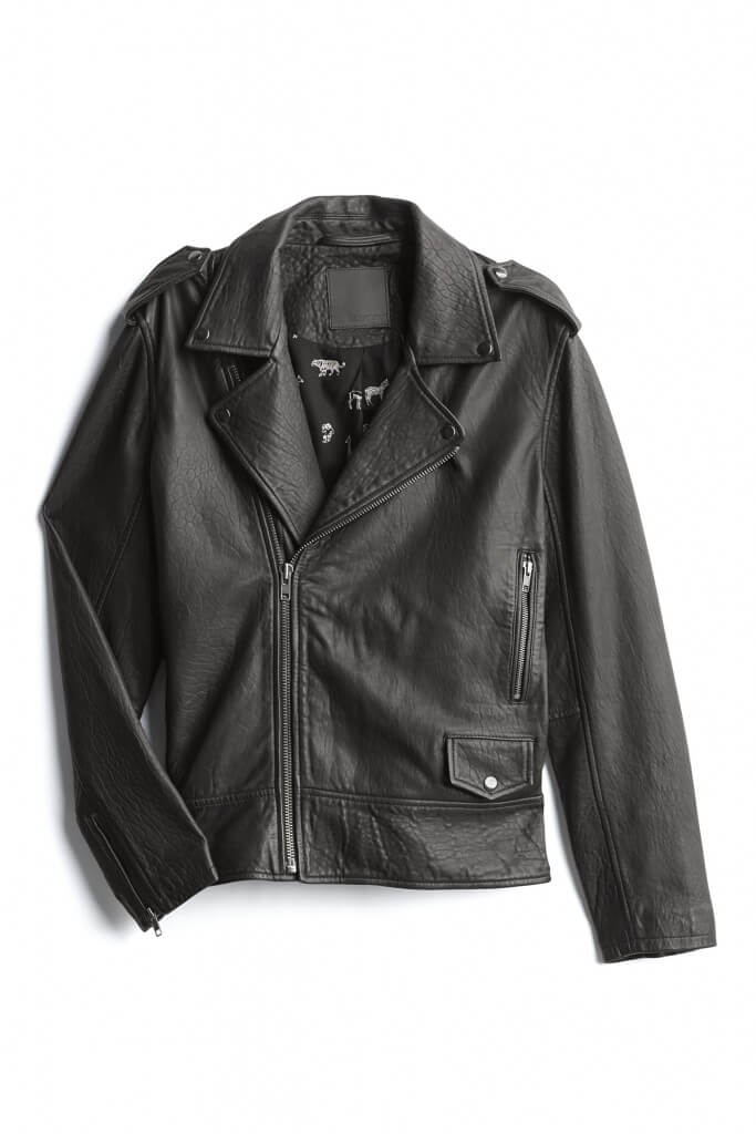 Stitch Fix men’s black leather jacket with silver details.