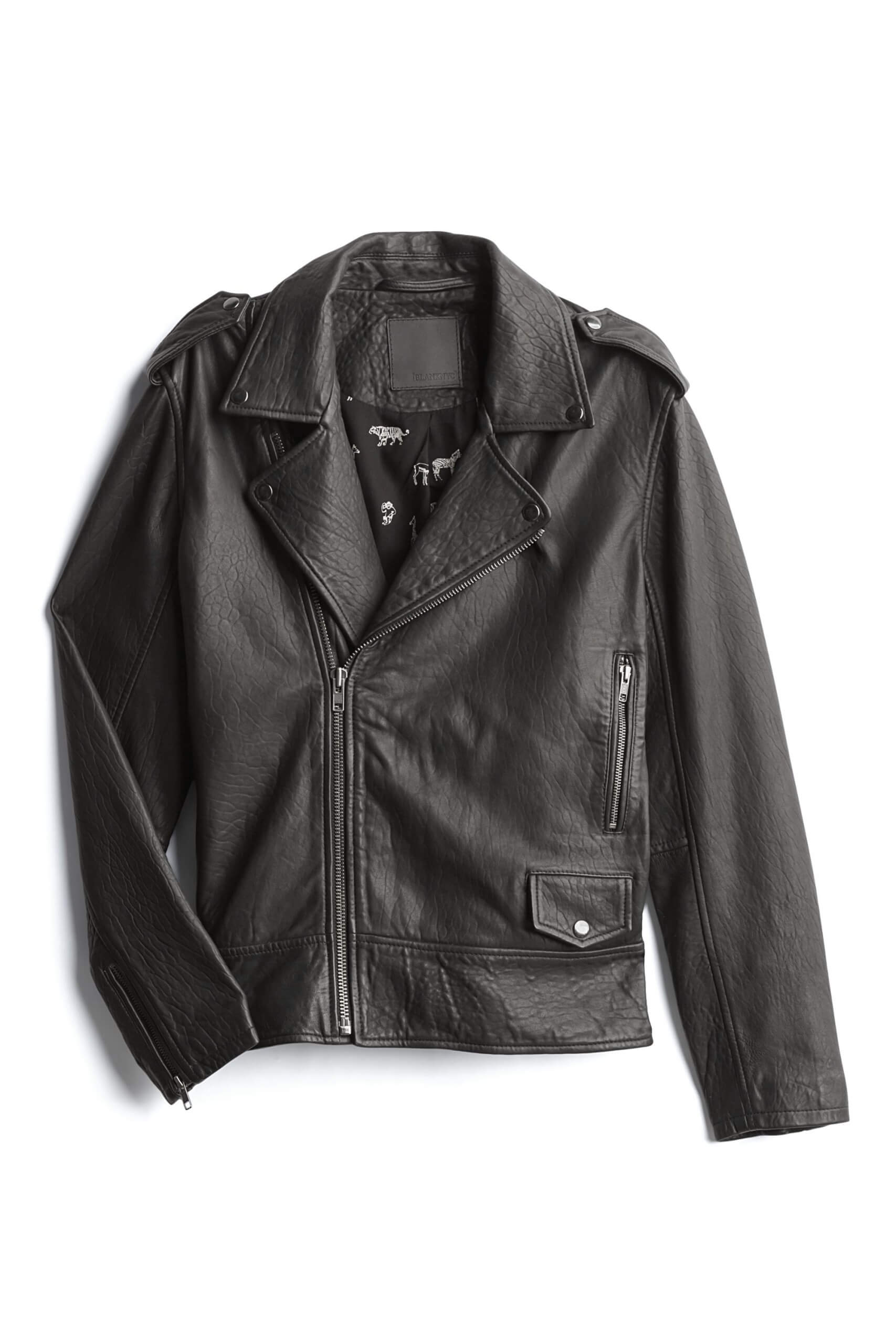 Stitch Fix men’s black leather jacket with silver details.